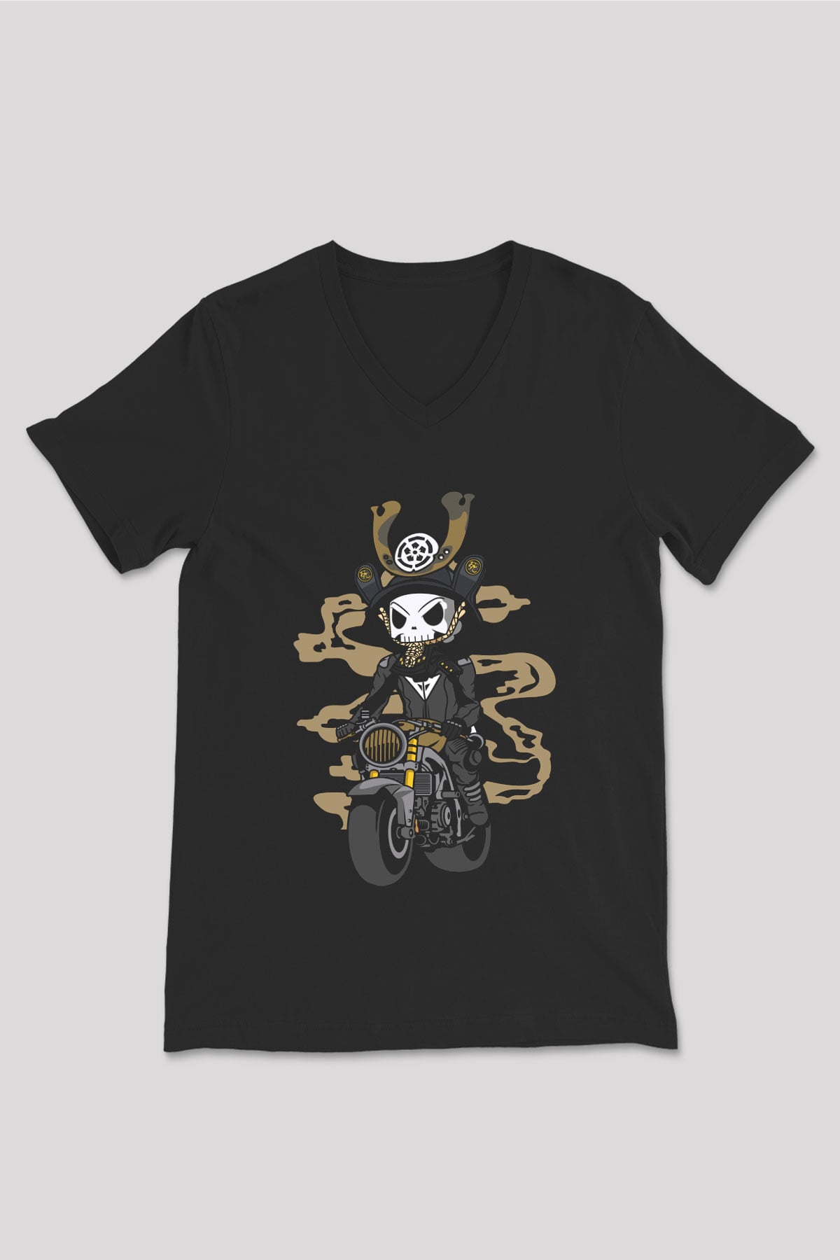 Samurai Biker Baskılı Siyah Unisex V Yaka Tişört