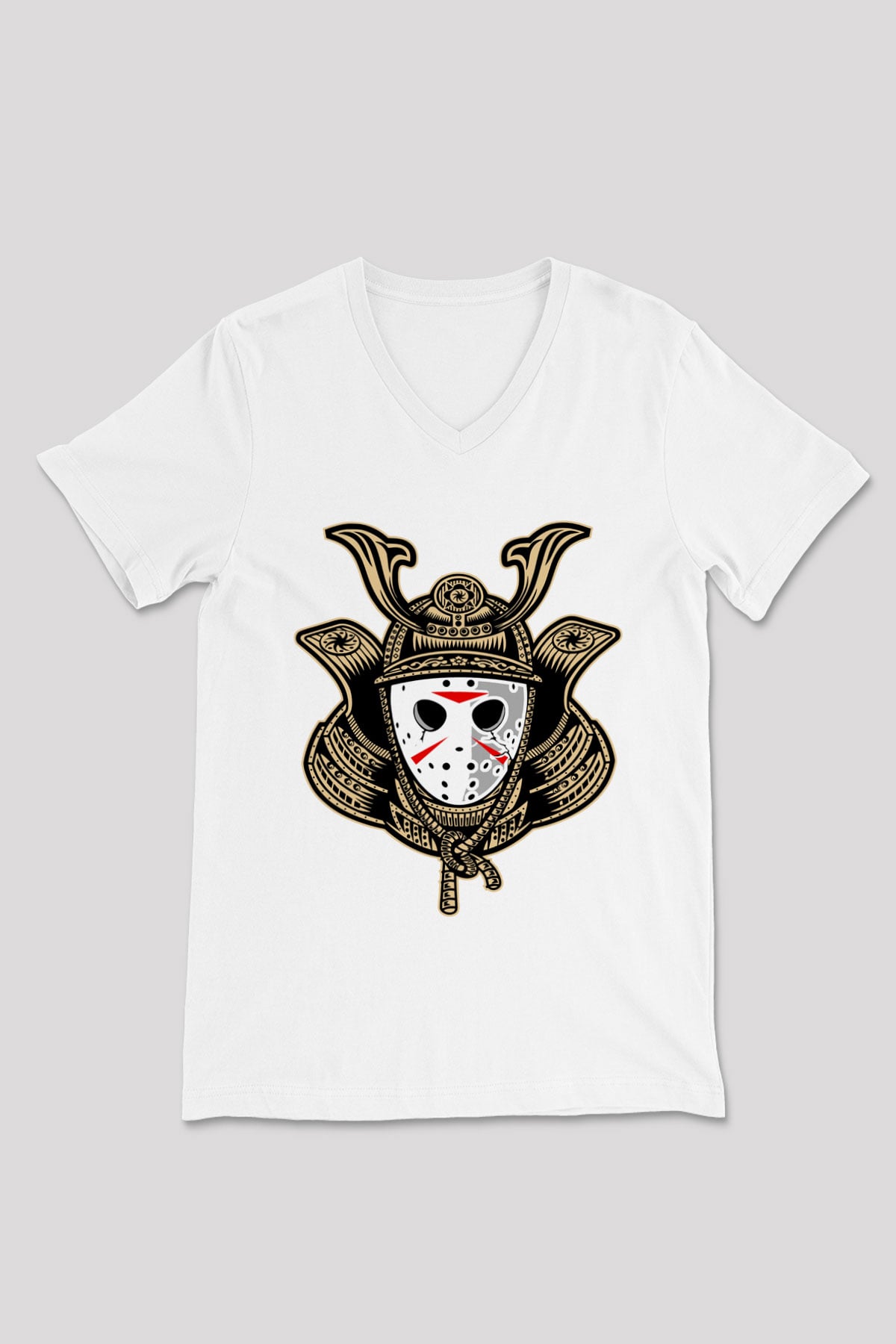 Samurai Jason Baskılı Beyaz Unisex V Yaka Tişört