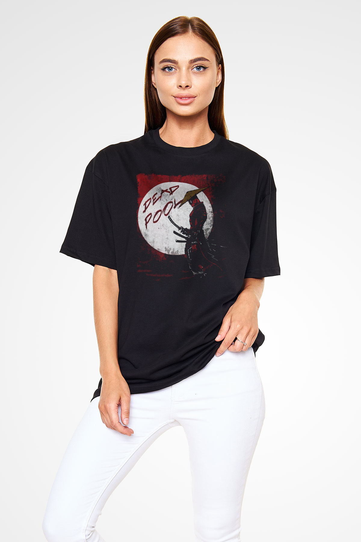 Samuray Deadpool Baskılı Unisex Beyaz Tshirt