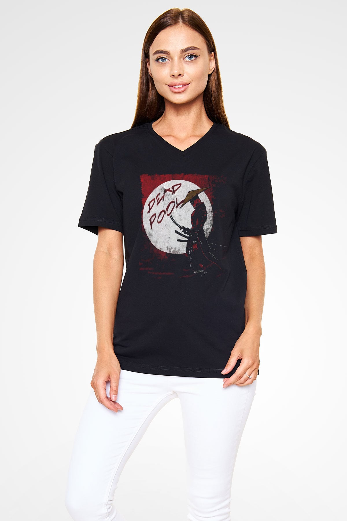 Samuray Deadpool Baskılı Unisex Beyaz  V Yaka Tişört