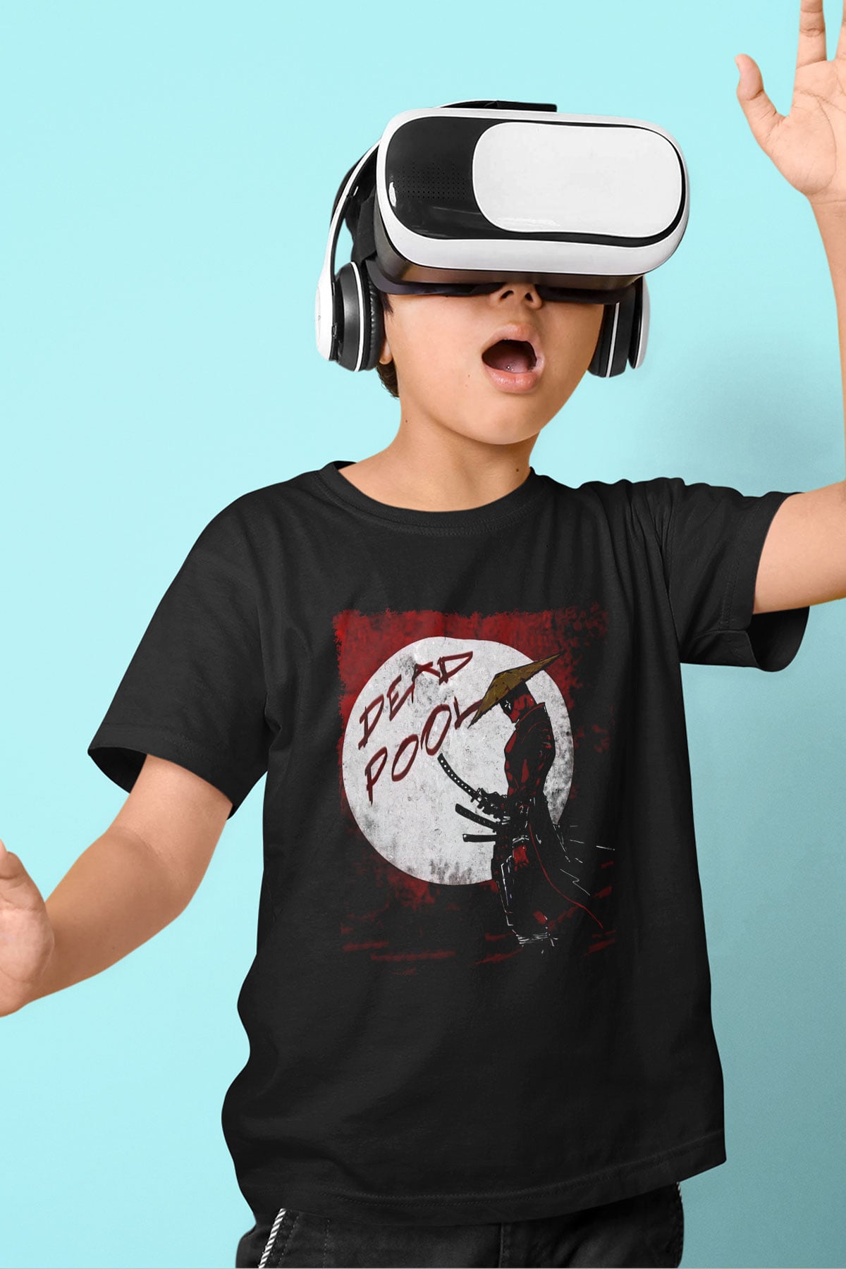 Samuray Deadpool Baskılı Unisex Beyaz  Çocuk Tişört