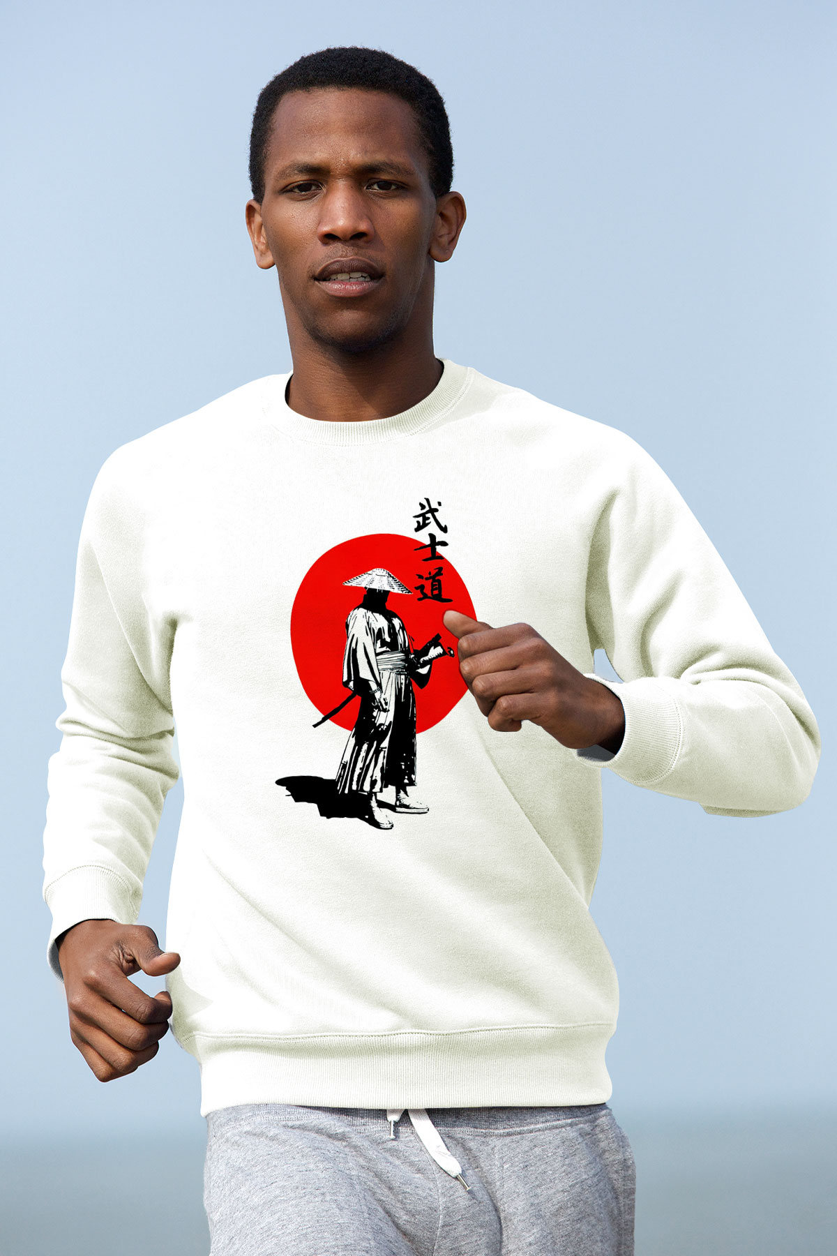 Samuray Temalı Baskılı Beyaz  Sweatshirt
