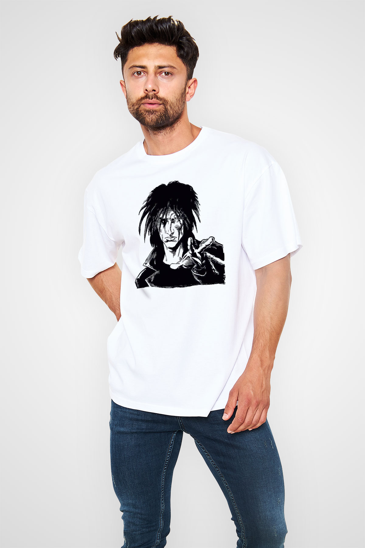 Sandman Baskılı Beyaz Unisex Oversize Tişört - Tshirt