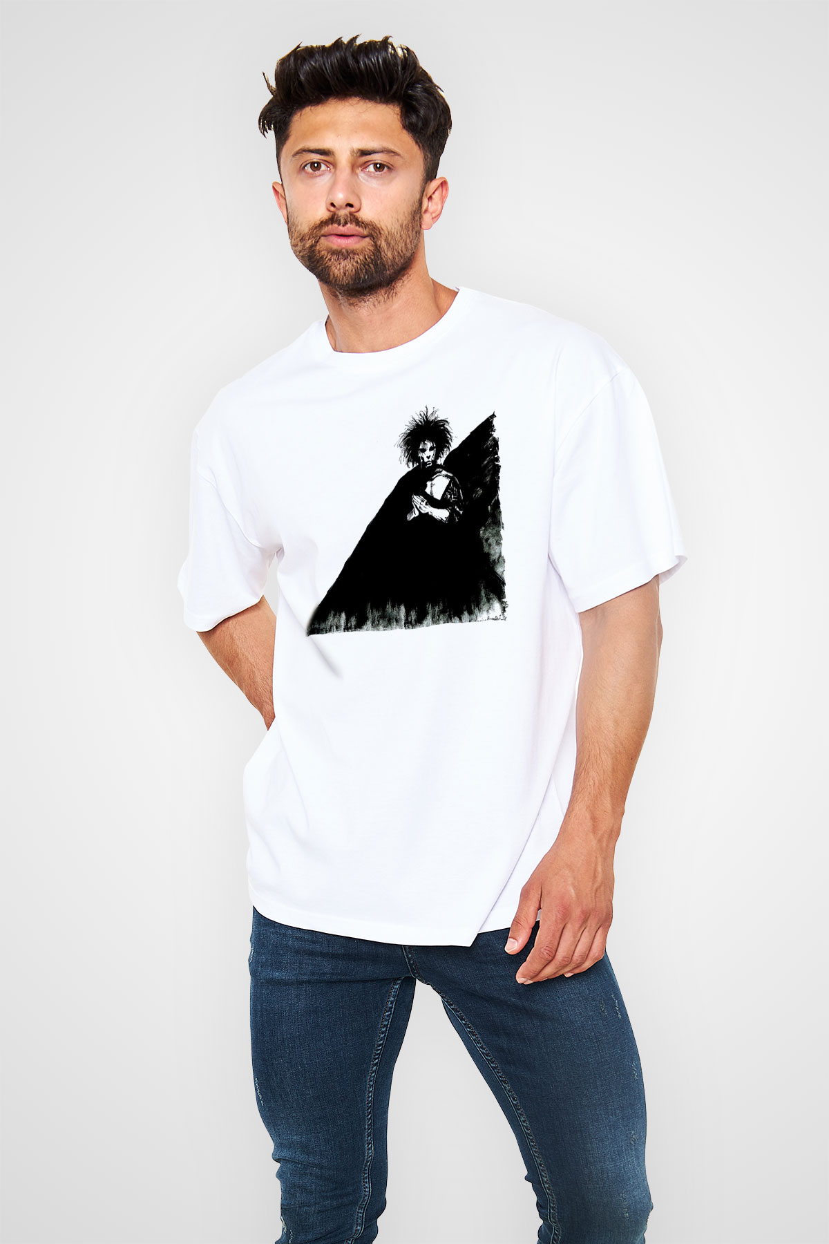 Sandman Baskılı Beyaz Unisex Oversize Tişört - Tshirt