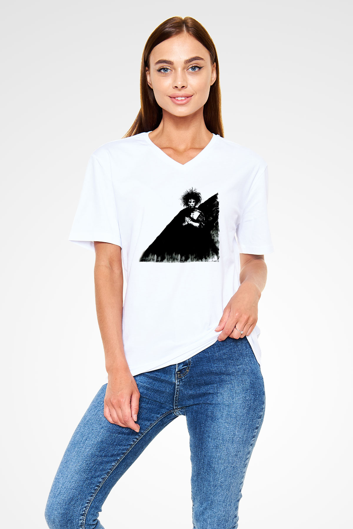 Sandman Baskılı Beyaz Unisex V Yaka Tişört - Tshirt
