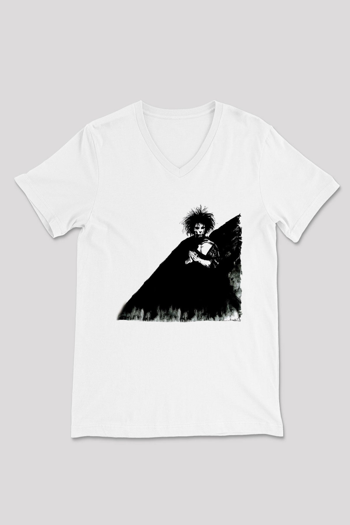 Sandman Baskılı Beyaz Unisex V Yaka Tişört - Tshirt