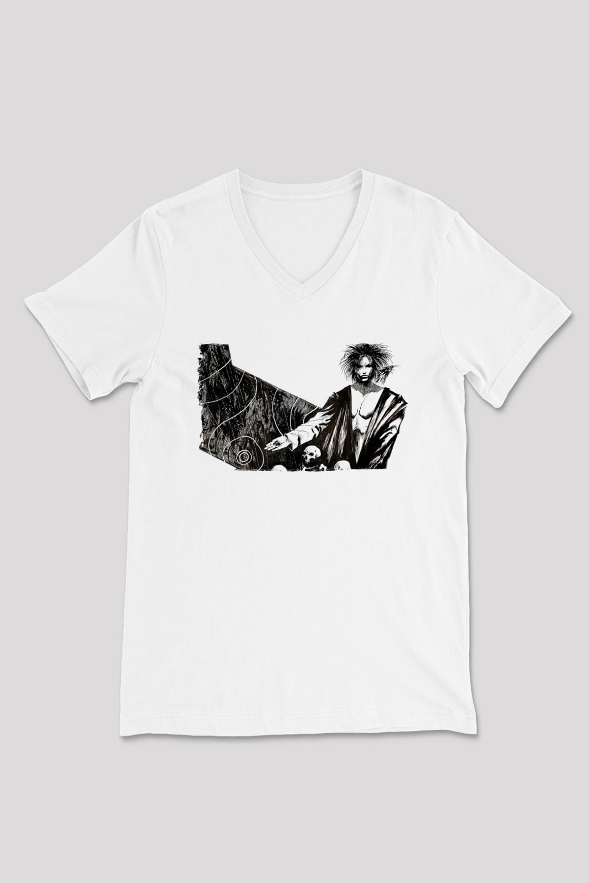 Sandman Baskılı Beyaz Unisex V Yaka Tişört - Tshirt