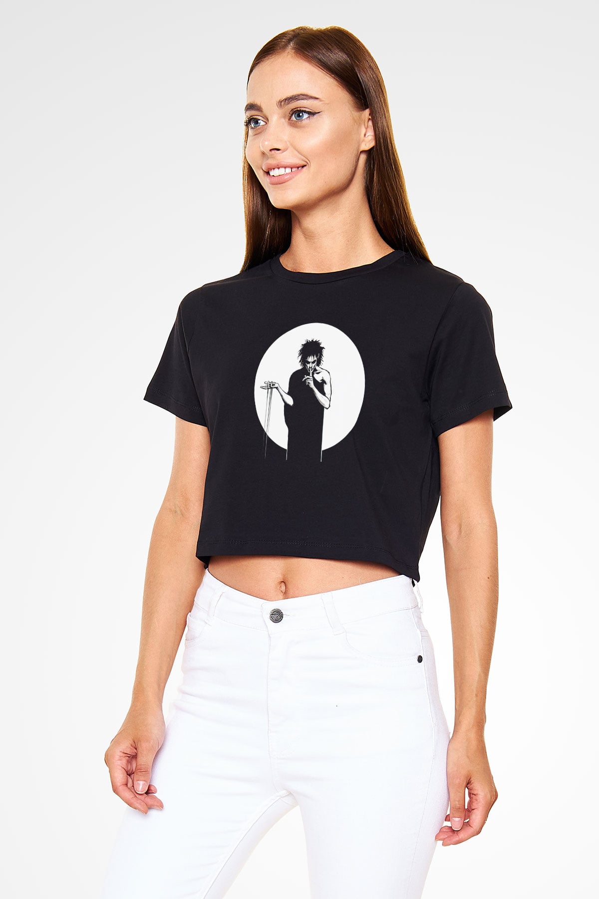 Sandman Baskılı Siyah Crop Top Kadın Tişört - Tshirt