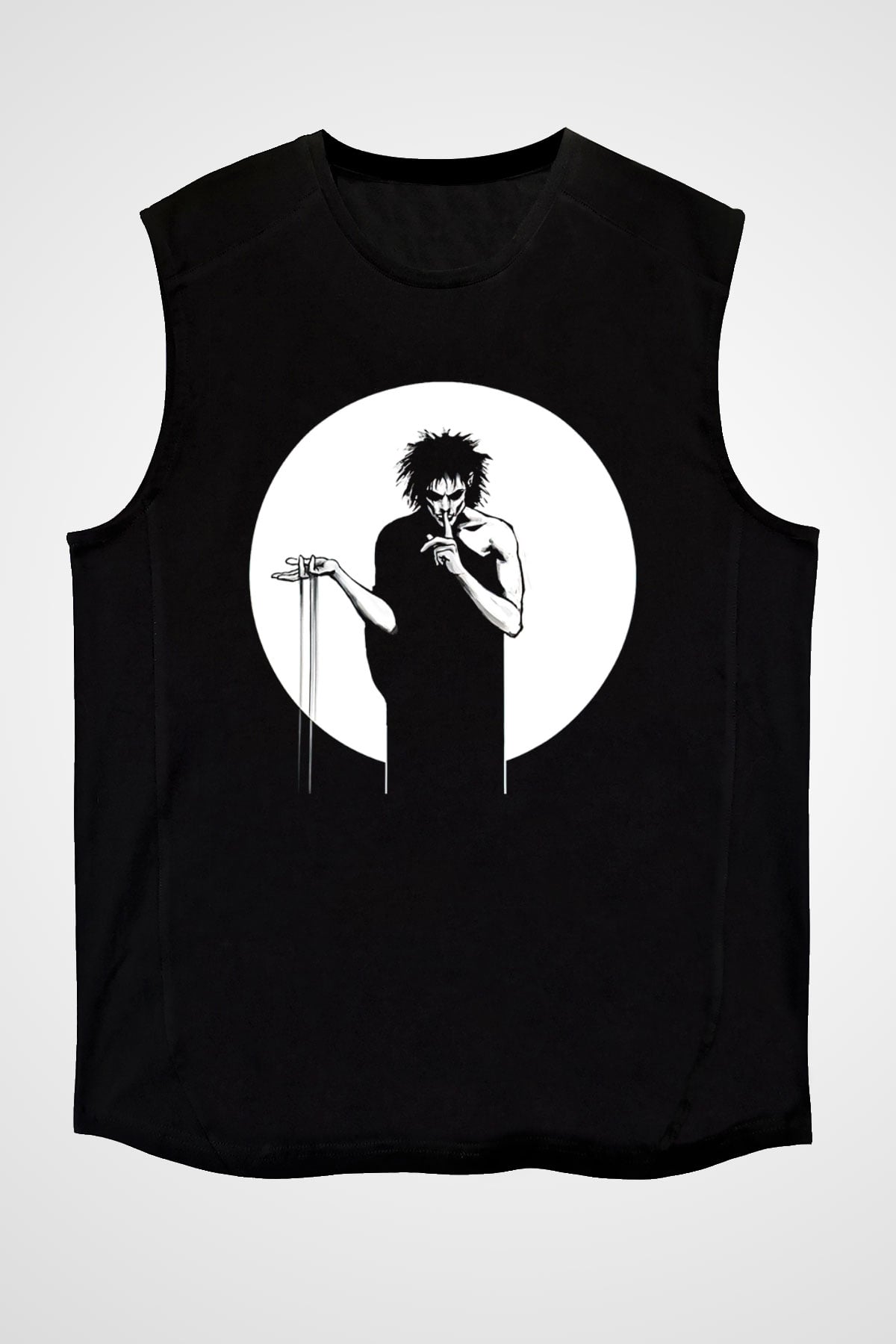 Sandman Baskılı Unisex Siyah Kolsuz Tişört - Tshirt