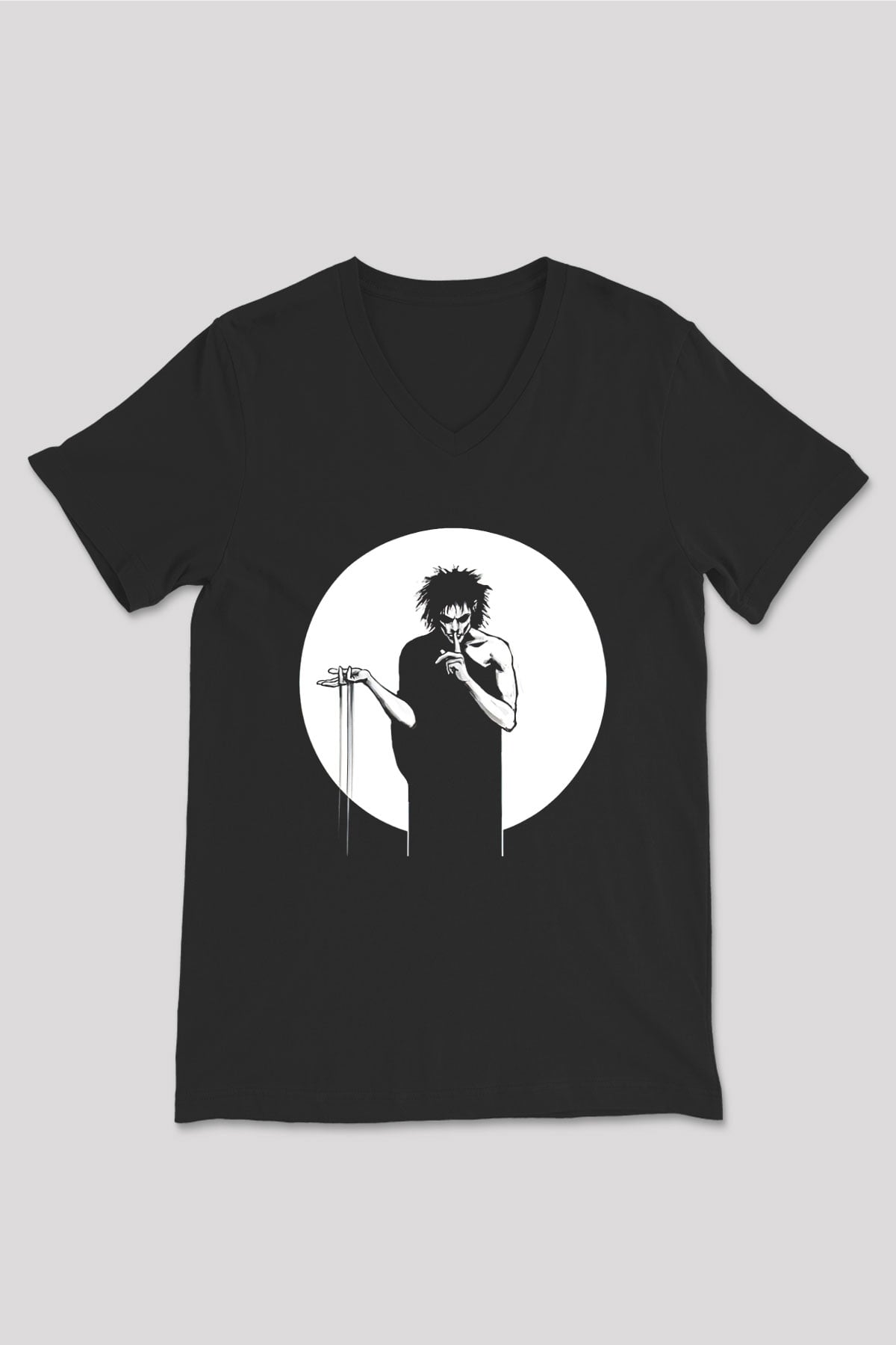 Sandman Baskılı Unisex Siyah V Yaka Tişört - Tshirt
