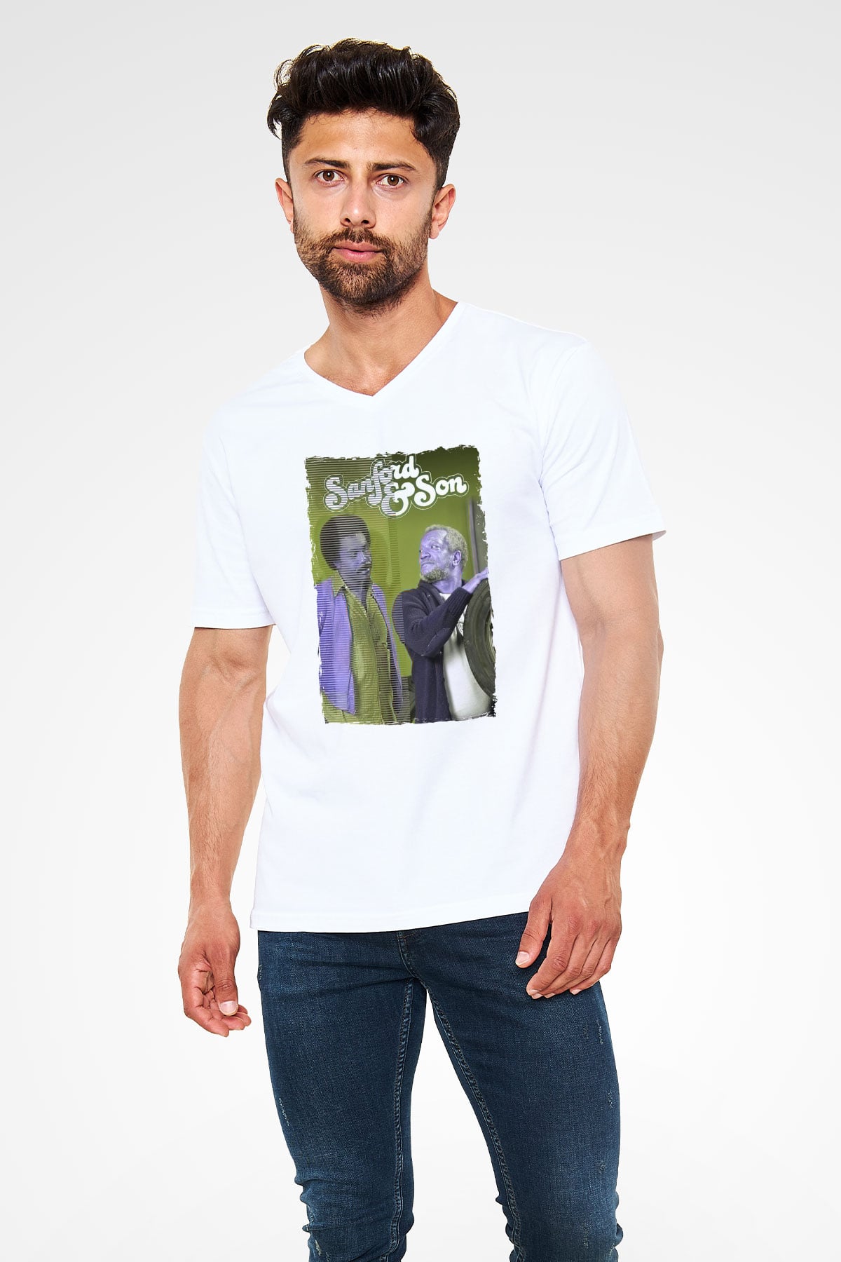 Sanford and Son Beyaz Unisex V Yaka Tişört