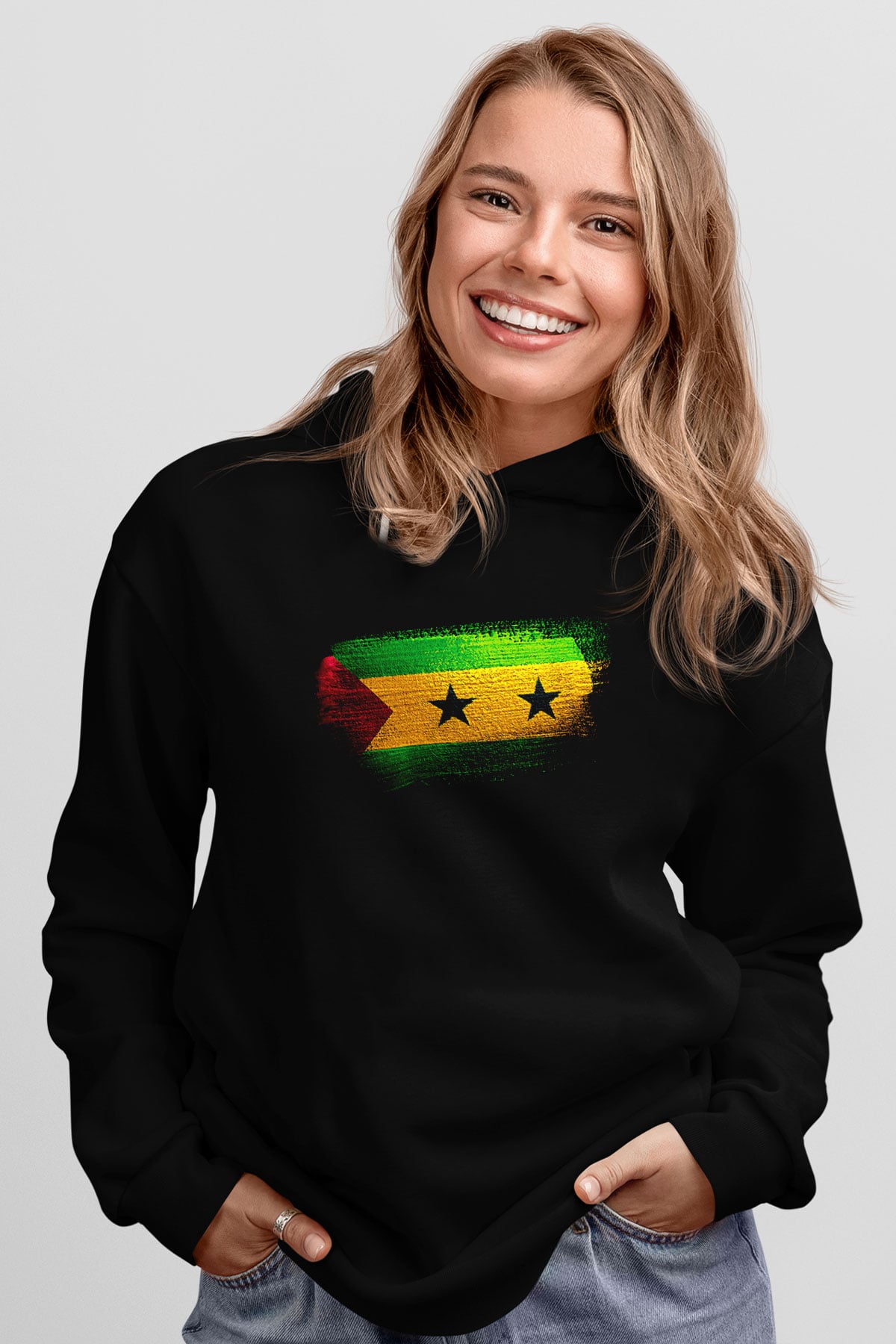 Sao Tome Principe Bayrağı Baskılı Unisex Siyah Kapüşonlu Sweatshirt