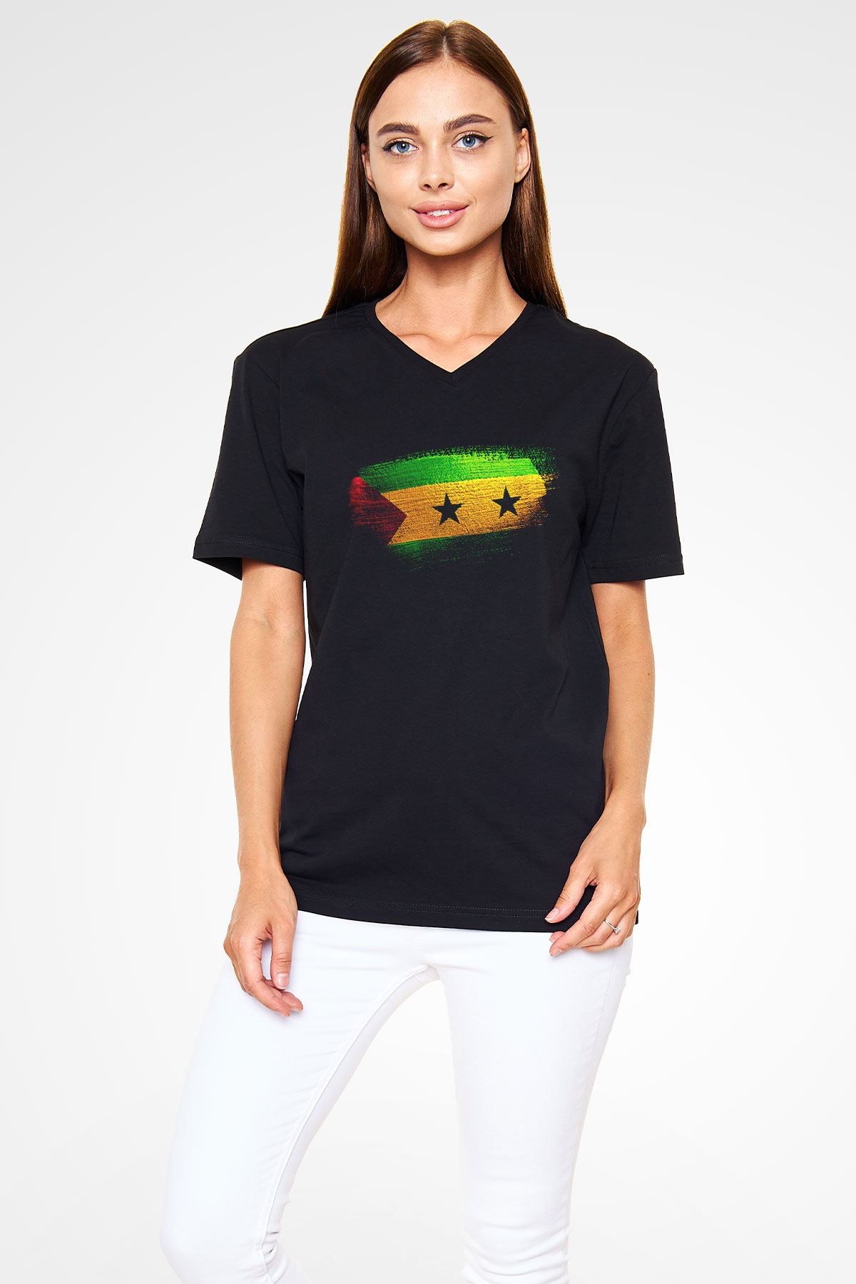 Sao Tome Principe Bayrağı Baskılı Unisex Siyah V Yaka Tişört