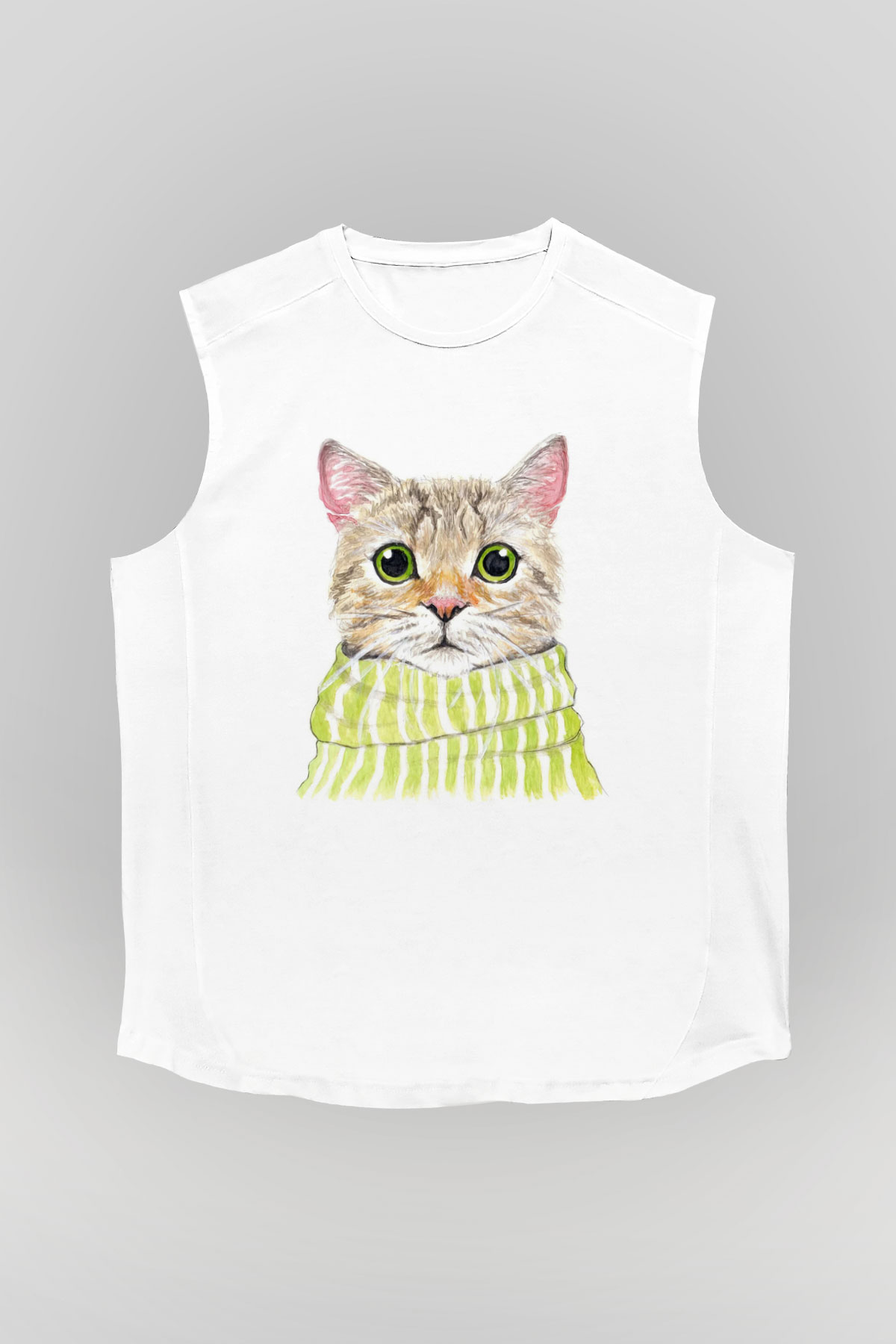 Şaşkın Kedi Baskılı Unisex Beyaz  Kolsuz Tişört