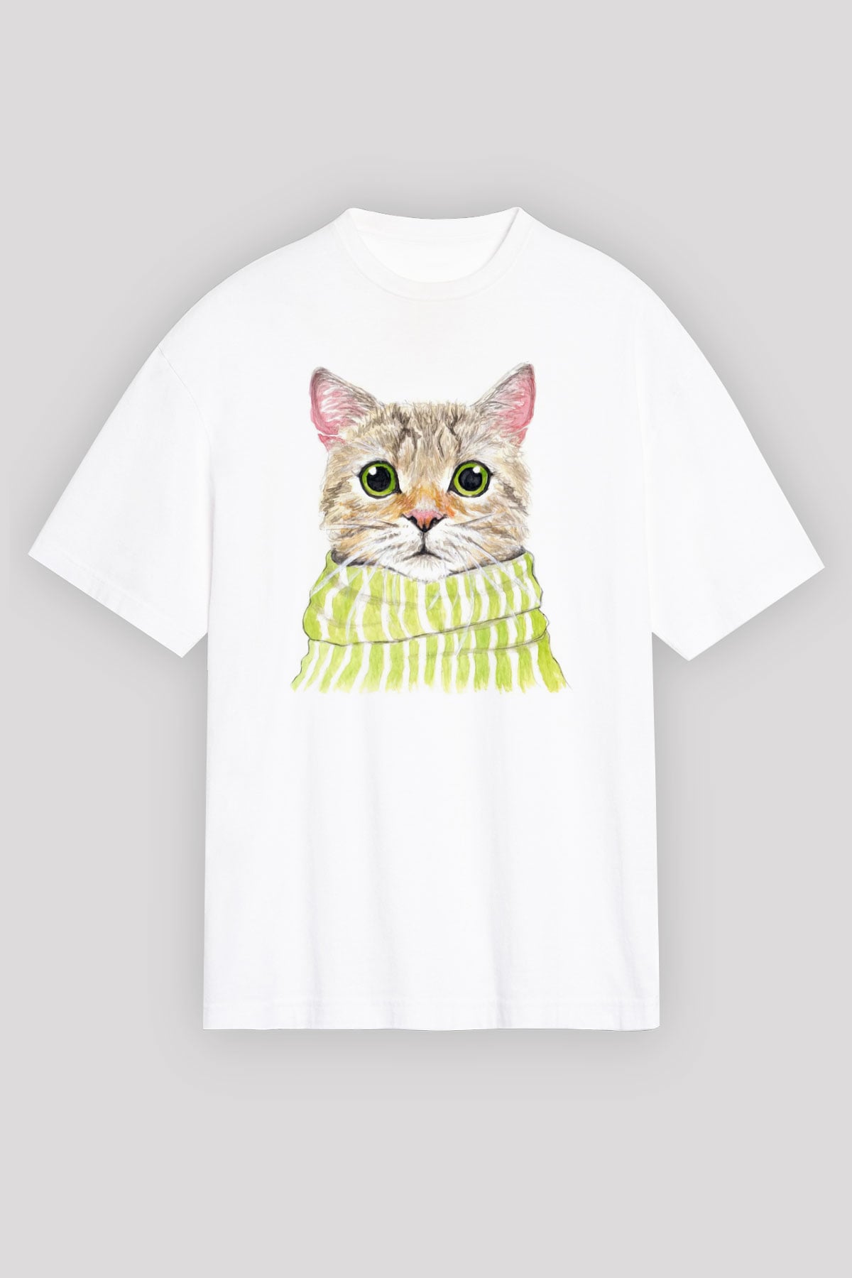 Şaşkın Kedi Baskılı Unisex Beyaz Tshirt