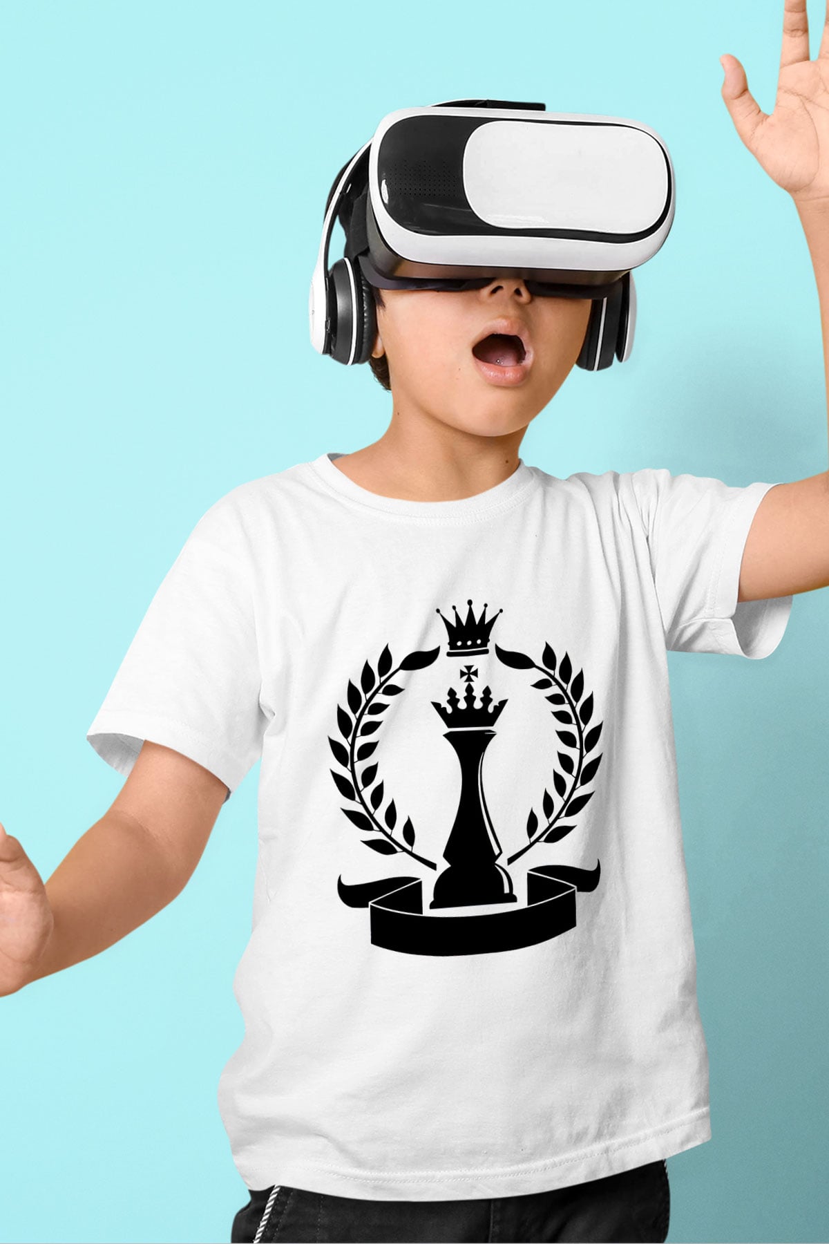 Satranç Baskılı Beyaz Unisex Çocuk Tişört