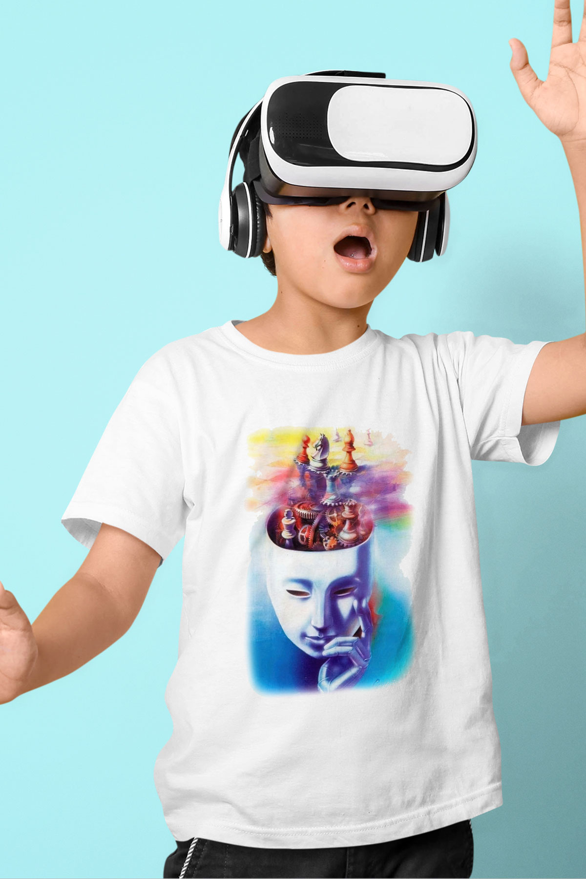 Satranç Baskılı Beyaz Unisex Çocuk Tişört