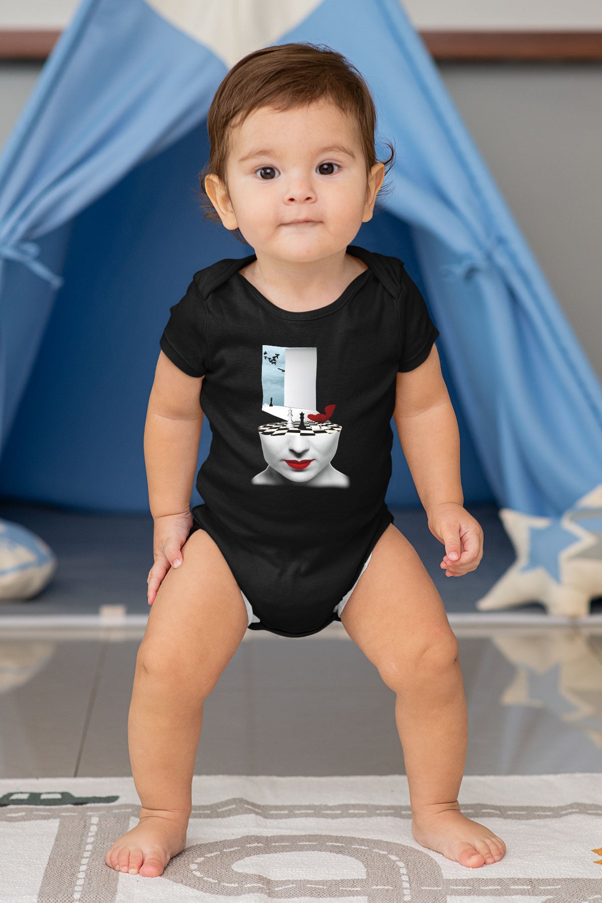 Satranç Baskılı Siyah Bebek Body - Zıbın