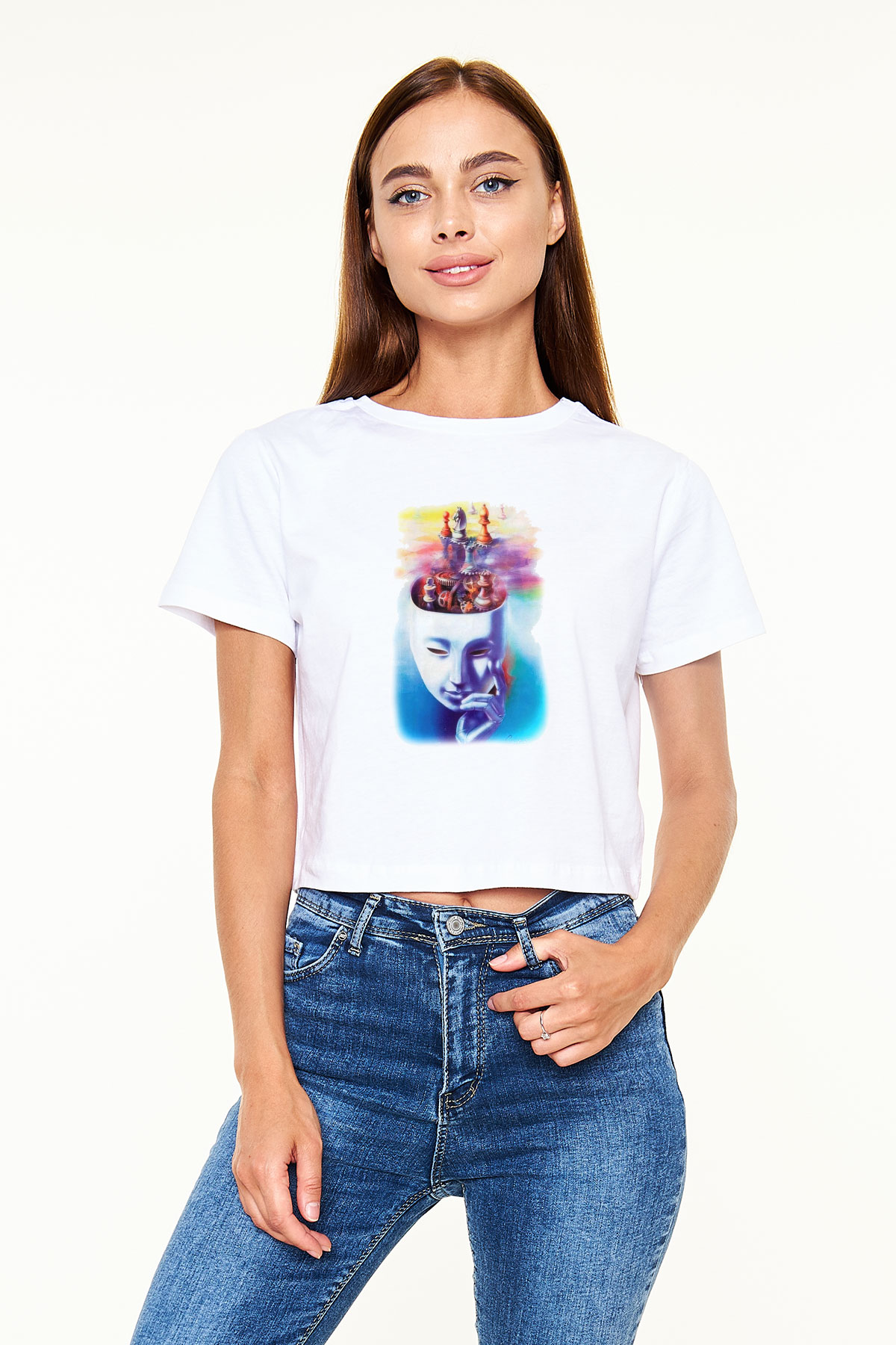 Satranç Beyaz Croptop Tişört