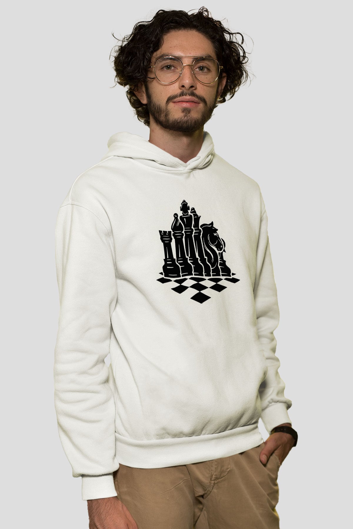 Satranç Beyaz Unisex Kapüşonlu Sweatshirt