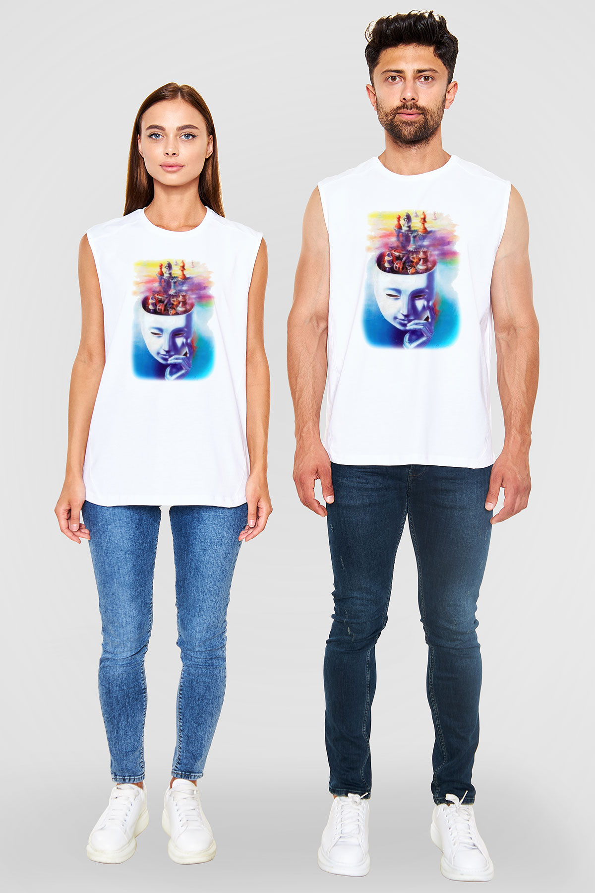 Satranç Beyaz Unisex Kolsuz Tişört