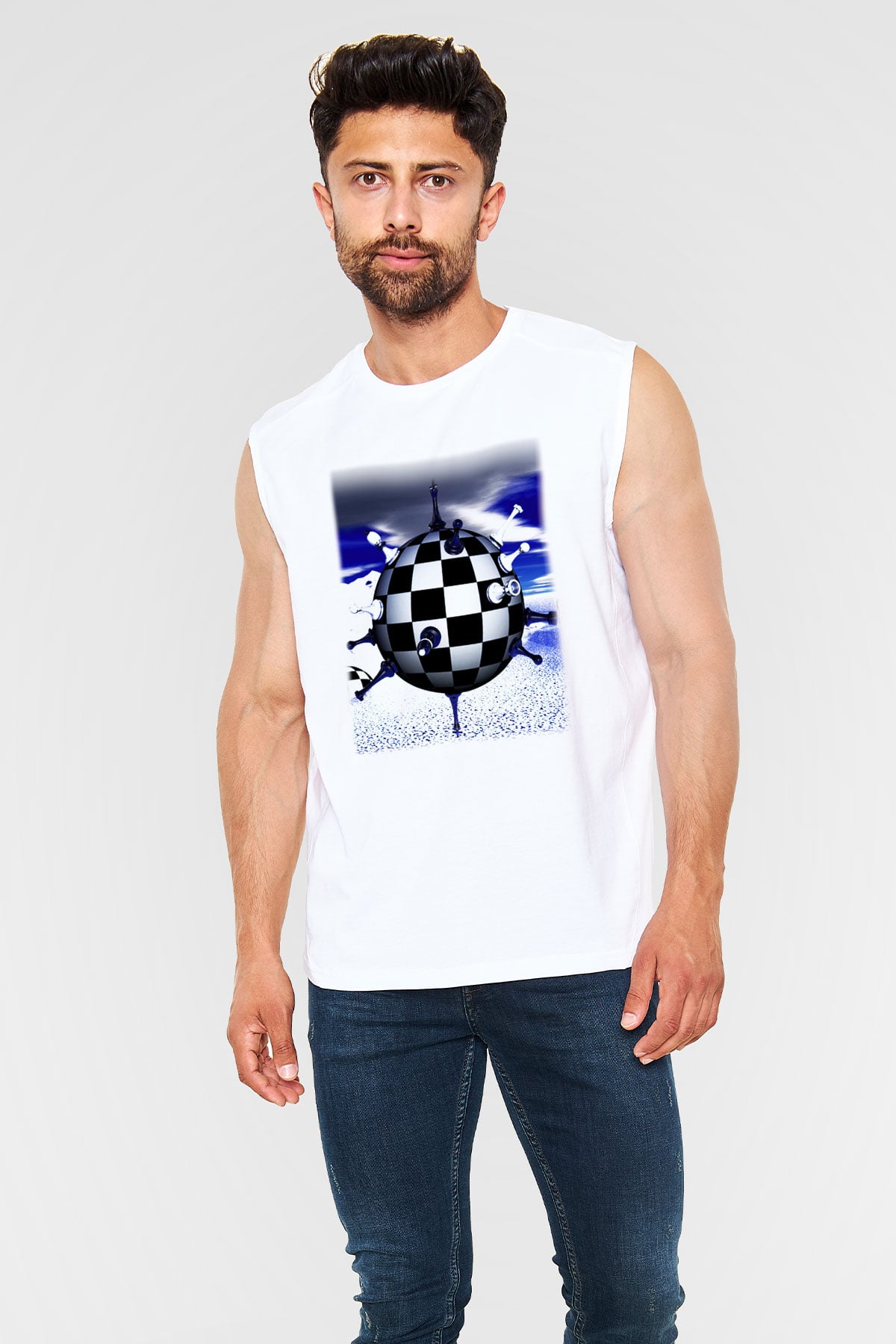 Satranç Beyaz Unisex Kolsuz Tişört