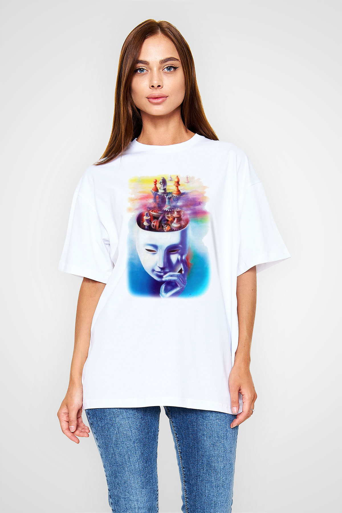 Satranç Beyaz Unisex Oversize Tişört T-Shirt