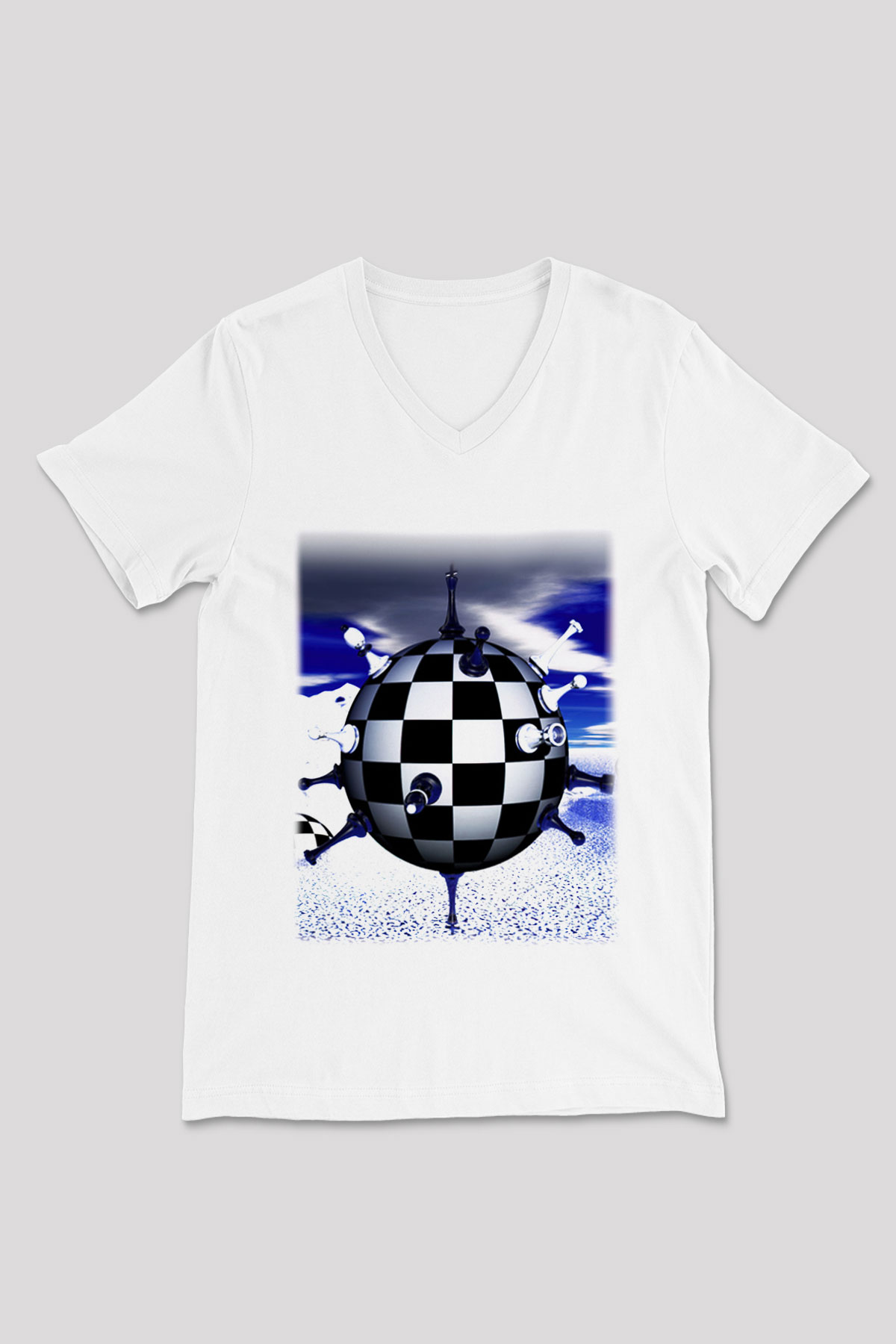 Satranç Beyaz Unisex V Yaka Tişört T-Shirt