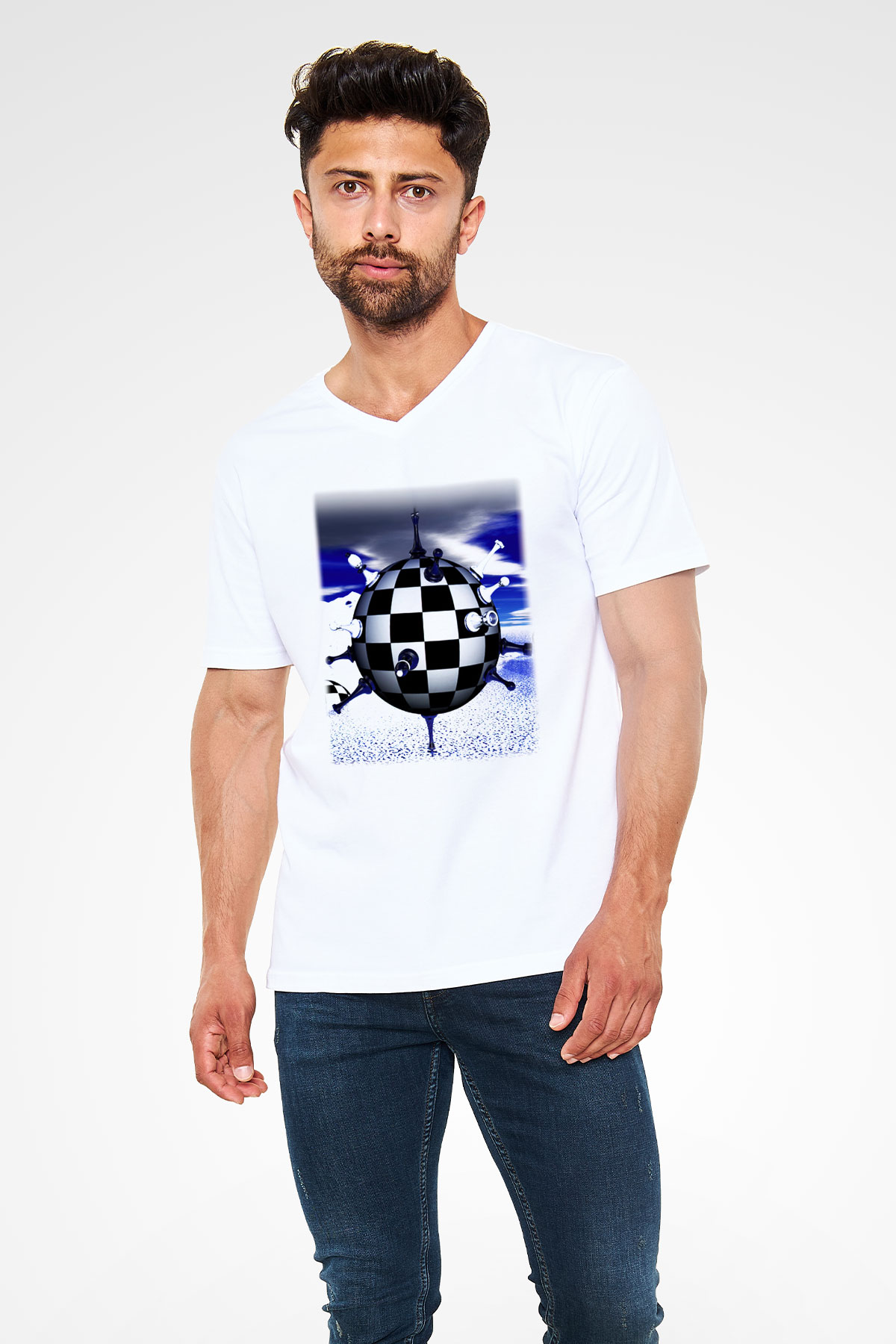 Satranç Beyaz Unisex V Yaka Tişört T-Shirt