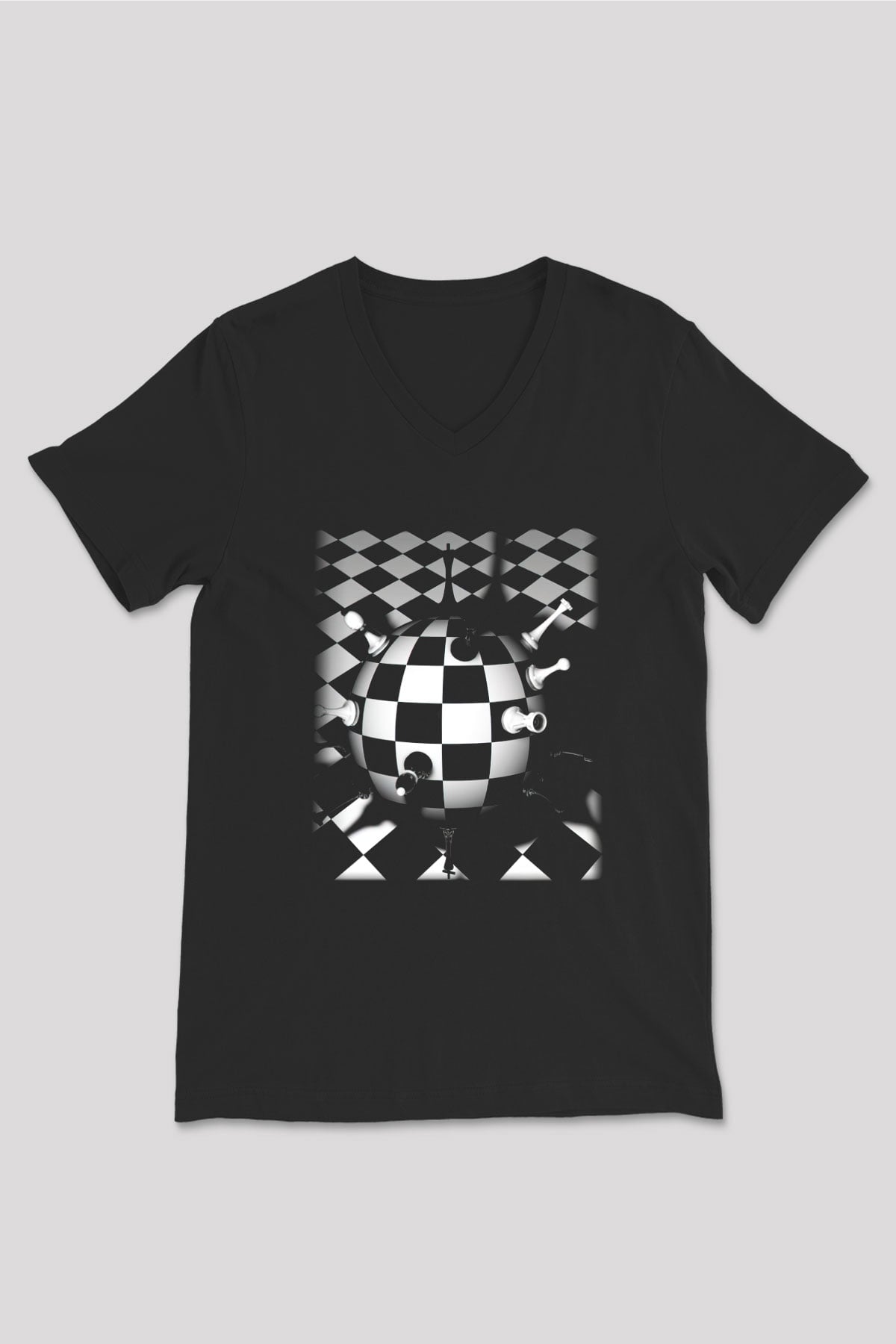 Satranç Siyah Unisex V Yaka Tişört T-Shirt