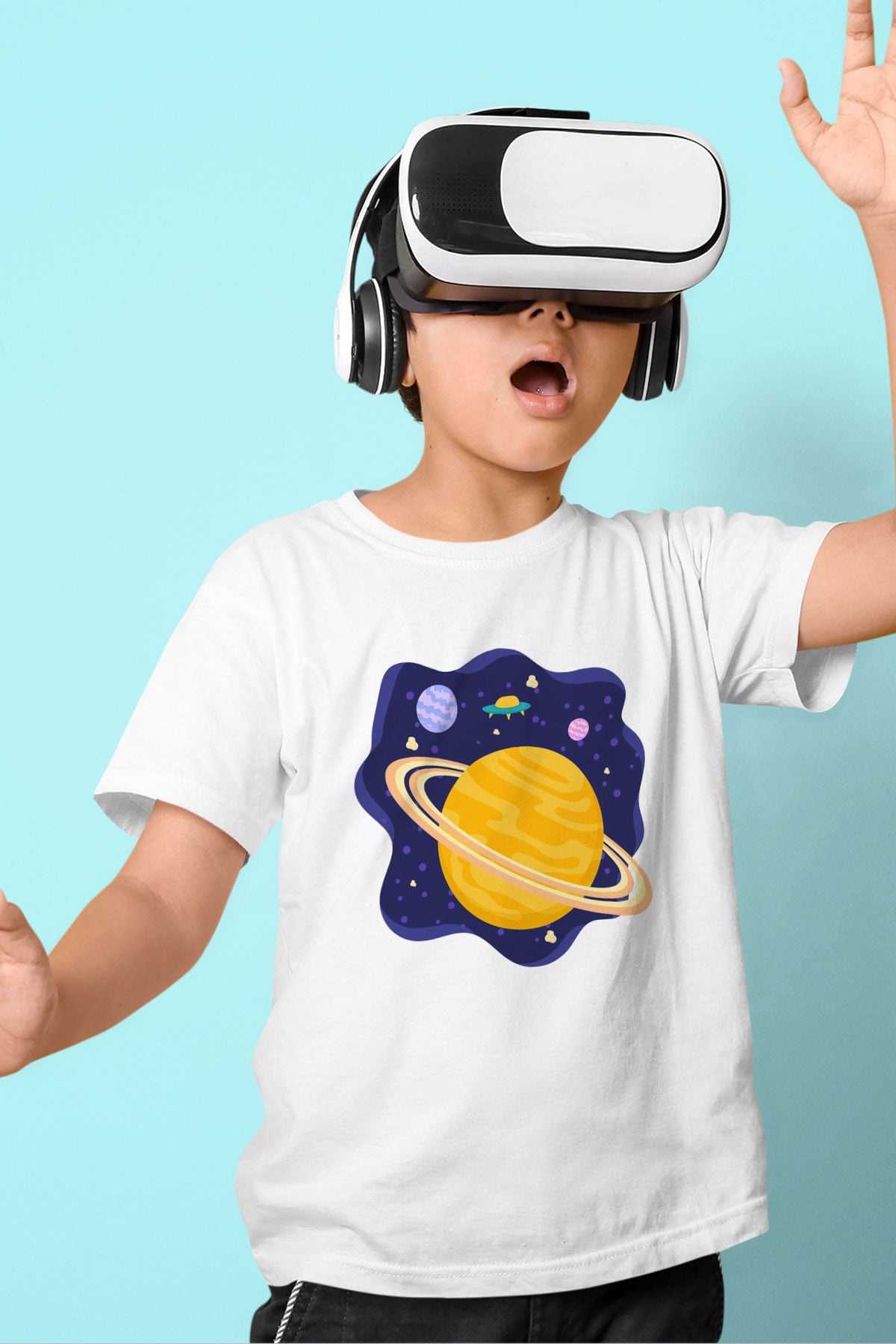 Satürn Baskılı Beyaz Unisex Çocuk Tişört