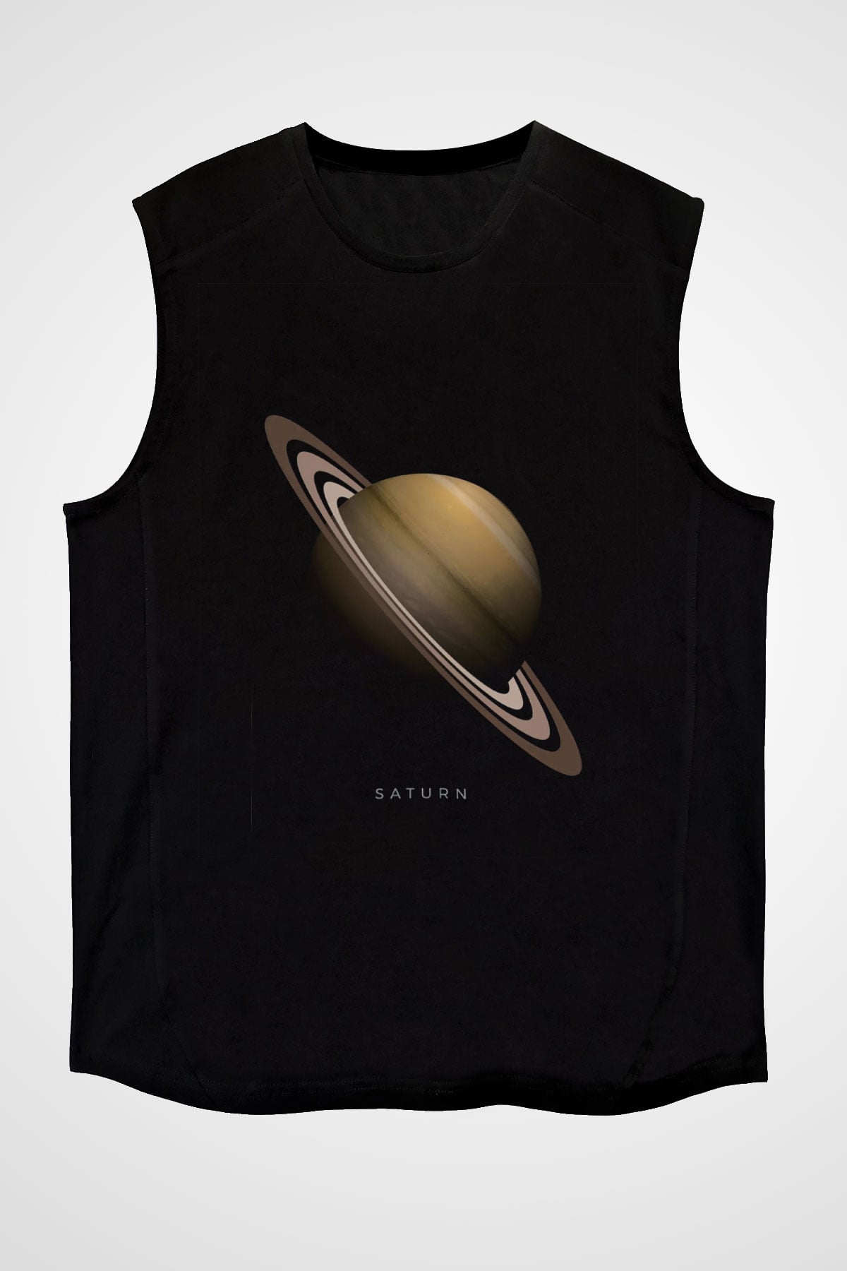 Satürn Baskılı Unisex Kolsuz Siyah Tişört - Tshirt
