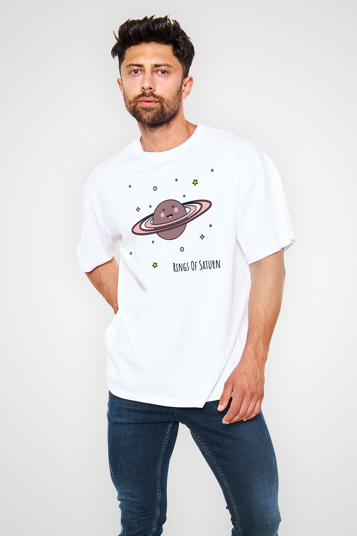 Satürn Beyaz Unisex Oversize Tişört T-Shirt