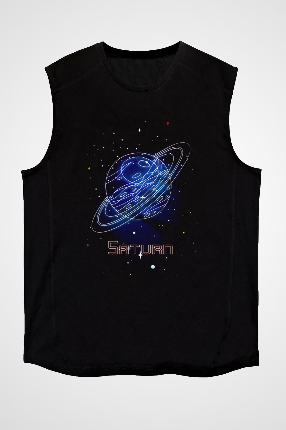 Satürn Çizim Baskılı Unisex Kolsuz Siyah Tişört - Tshirt