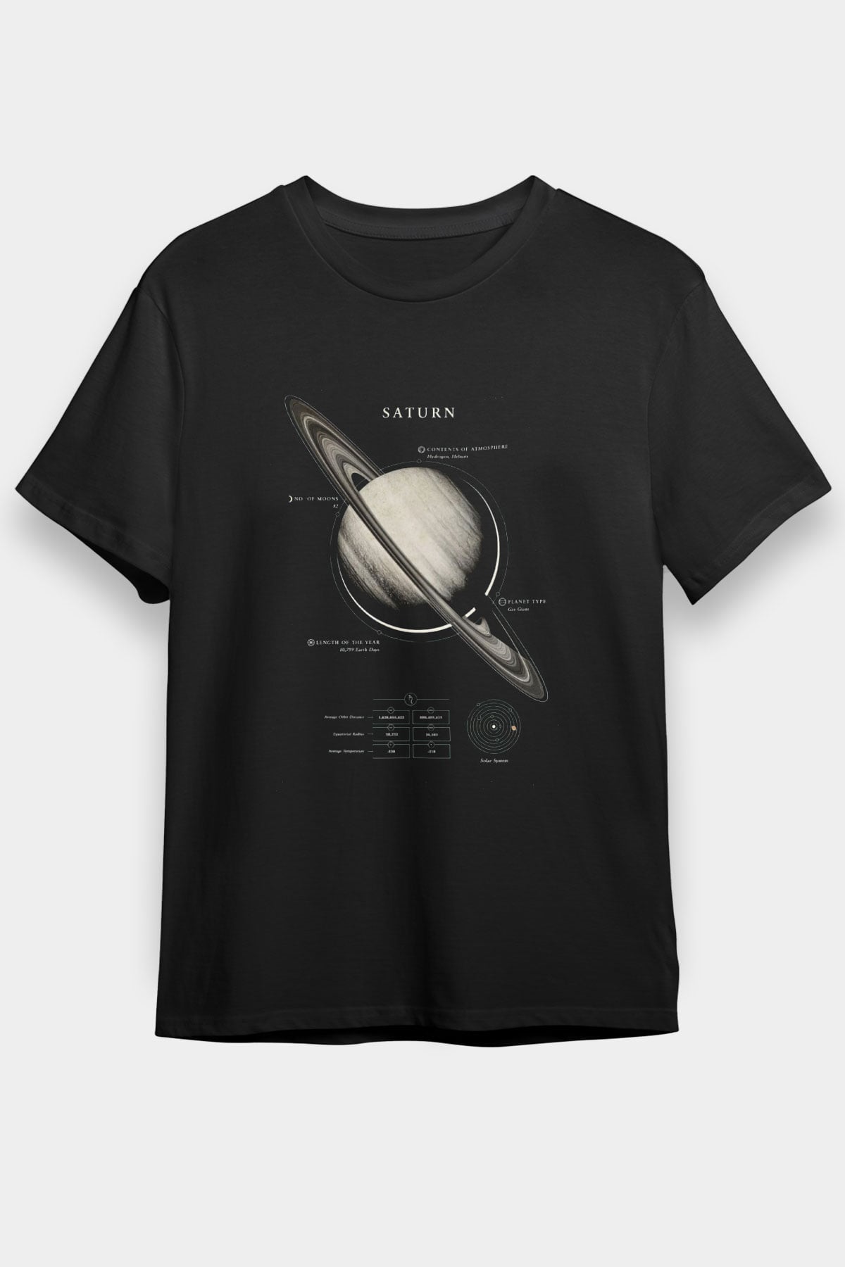 Satürn Fiziksel Özellikleri Baskılı Unisex Siyah Tişört - Tshirt