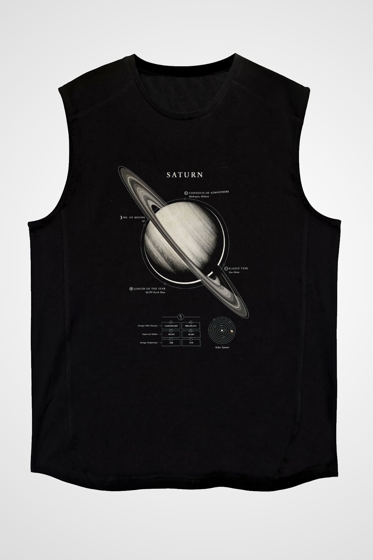 Satürn Fiziksel Özellikleri Baskılı Unisex Kolsuz Siyah Tişört - Tshirt