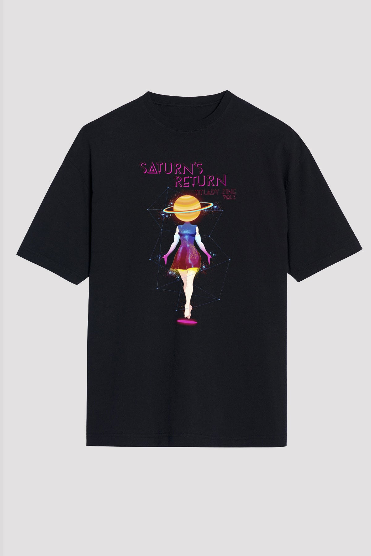 Satürn Siyah Unisex Oversize Tişört T-Shirt