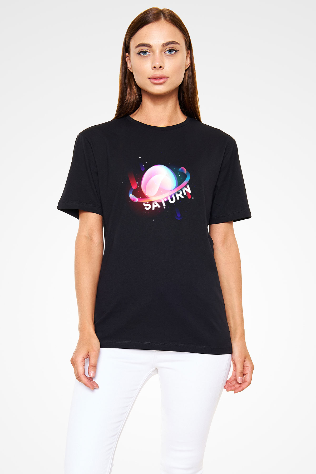 Satürn Siyah Unisex Tişört T-Shirt - TişörtFabrikası