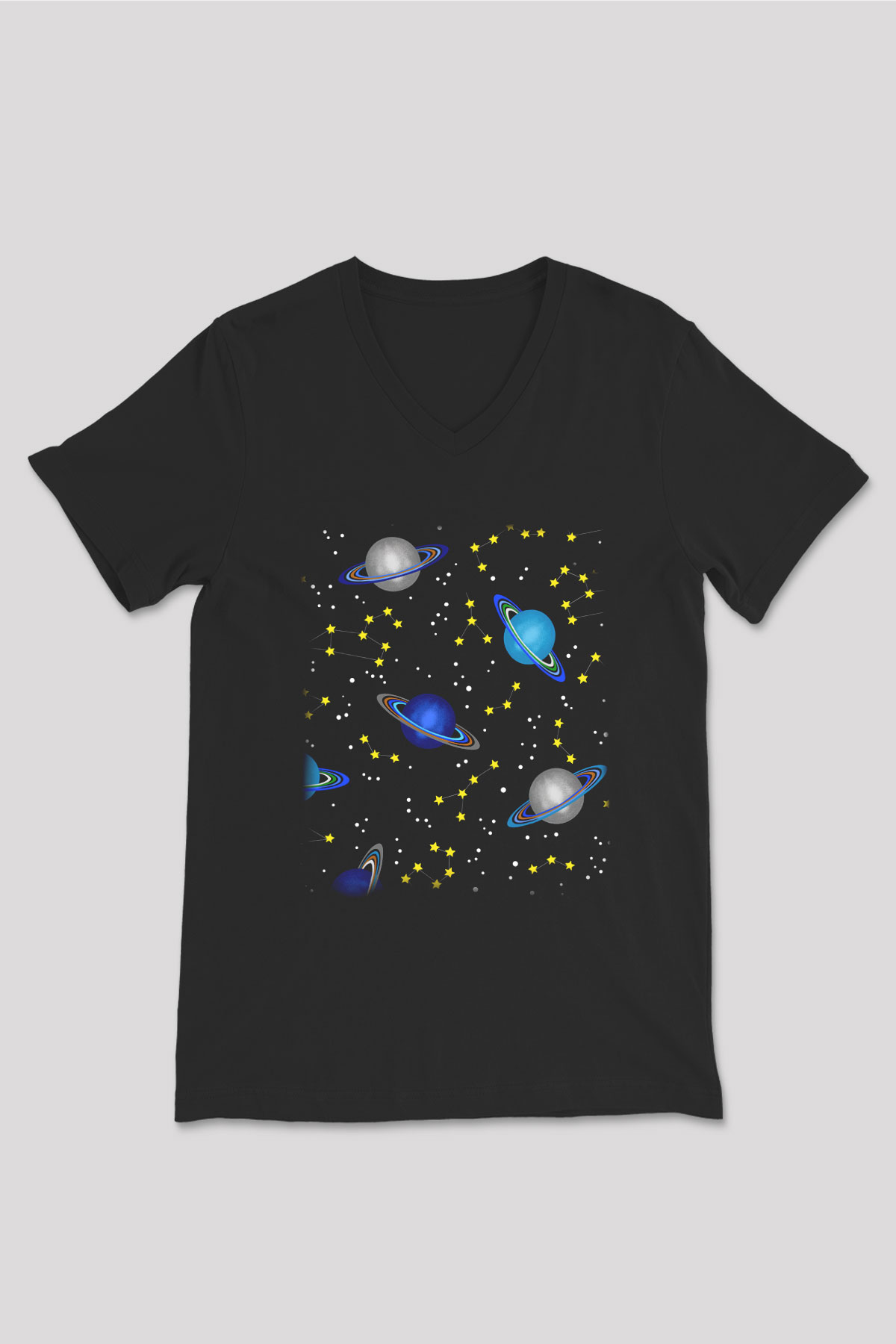 Satürn Siyah Unisex V Yaka Tişört T-Shirt