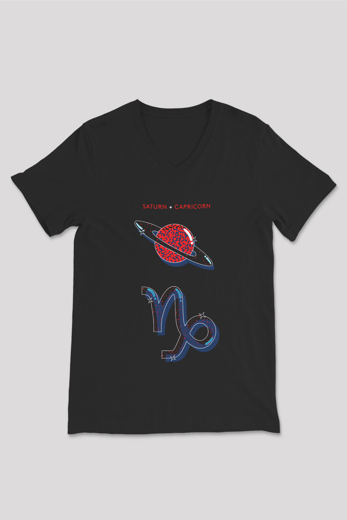 Satürn Siyah Unisex V Yaka Tişört T-Shirt