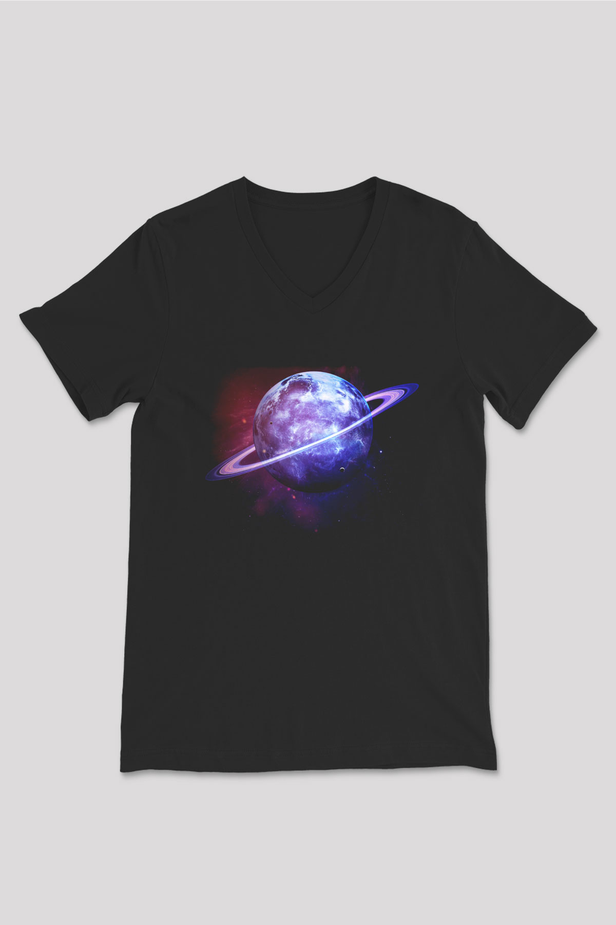 Satürn Siyah Unisex V Yaka Tişört T-Shirt