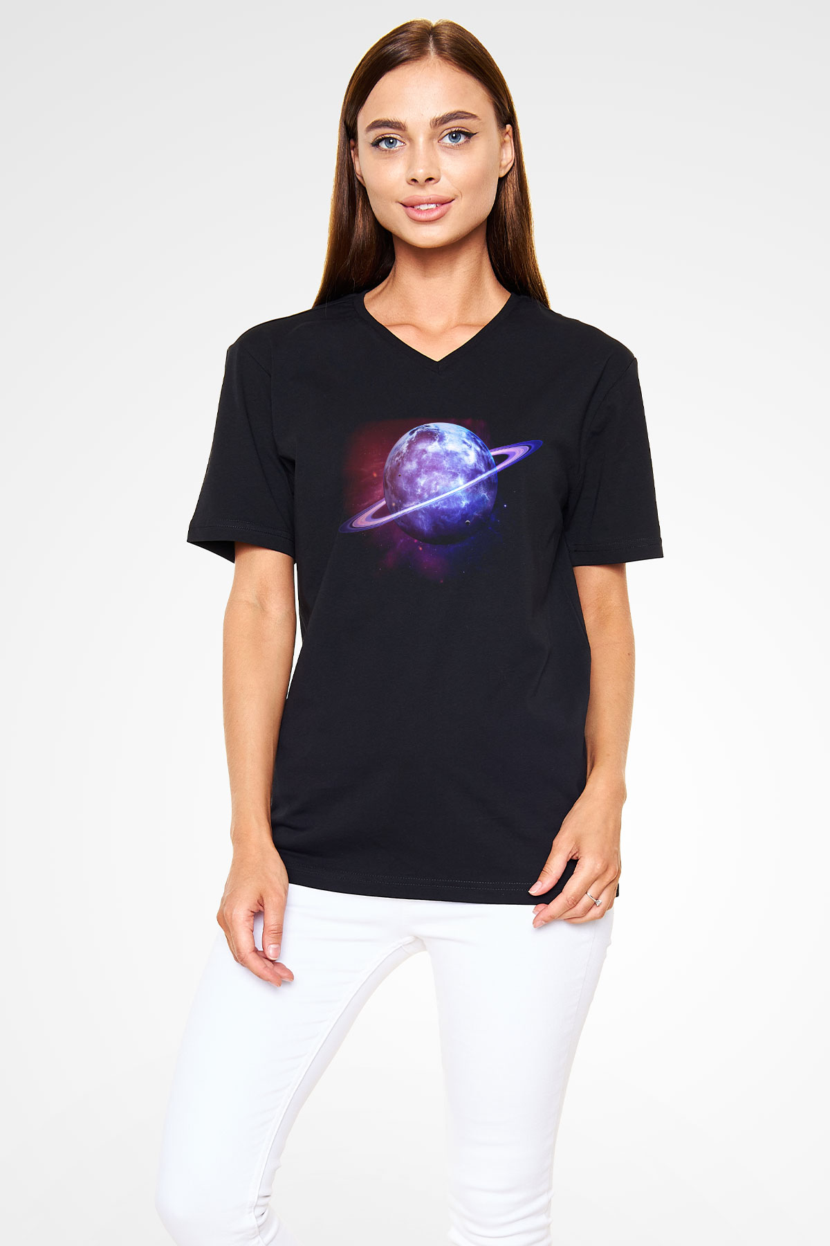 Satürn Siyah Unisex V Yaka Tişört T-Shirt