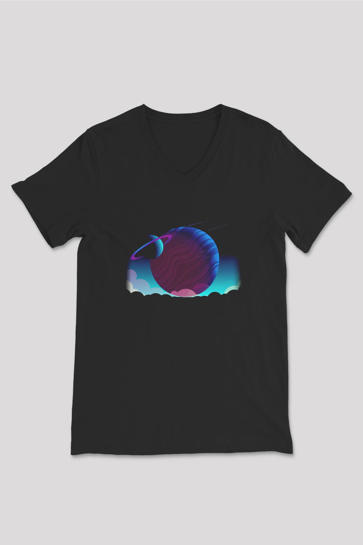 Satürn Siyah Unisex V Yaka Tişört T-Shirt