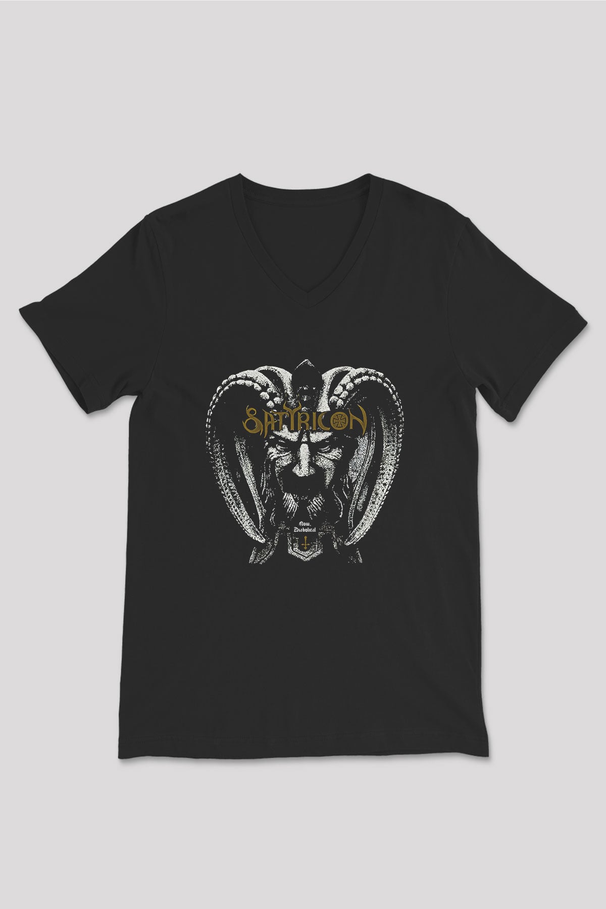 Satyricon Baskılı Unisex Siyah V Yaka Tişört - Tshirt