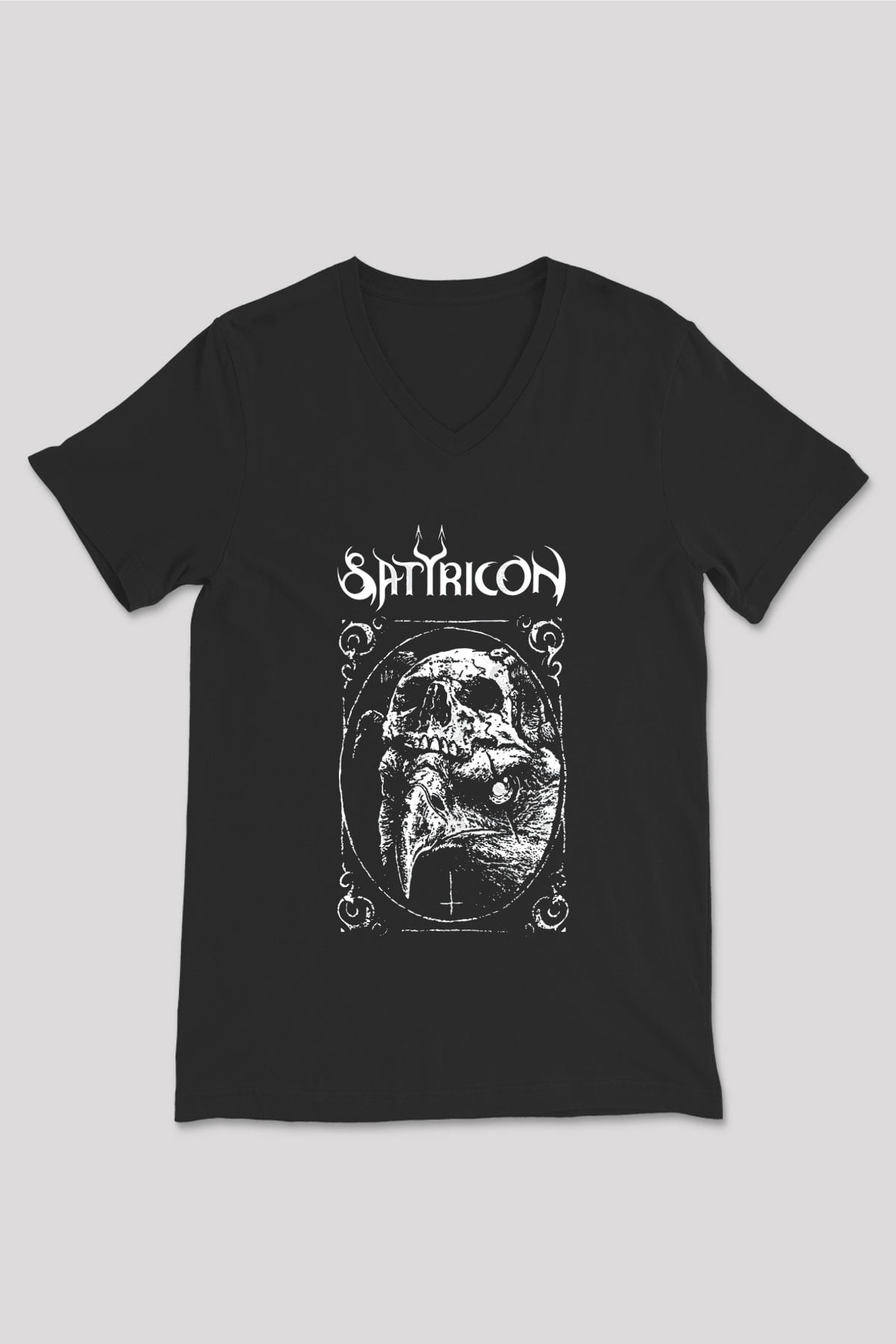 Satyricon Baskılı Unisex Siyah V Yaka Tişört - Tshirt