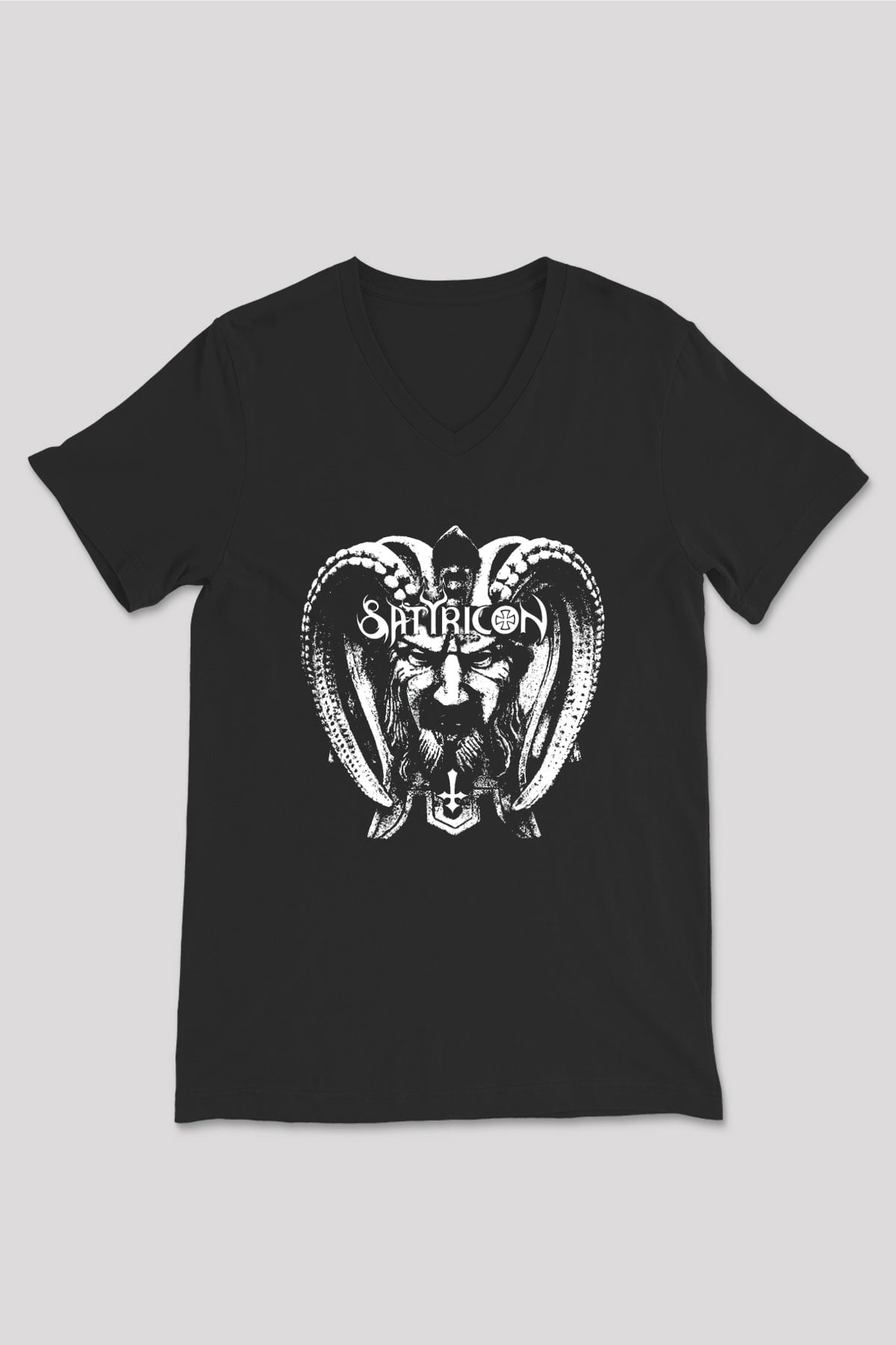 Satyricon Baskılı Unisex Siyah V Yaka Tişört - Tshirt