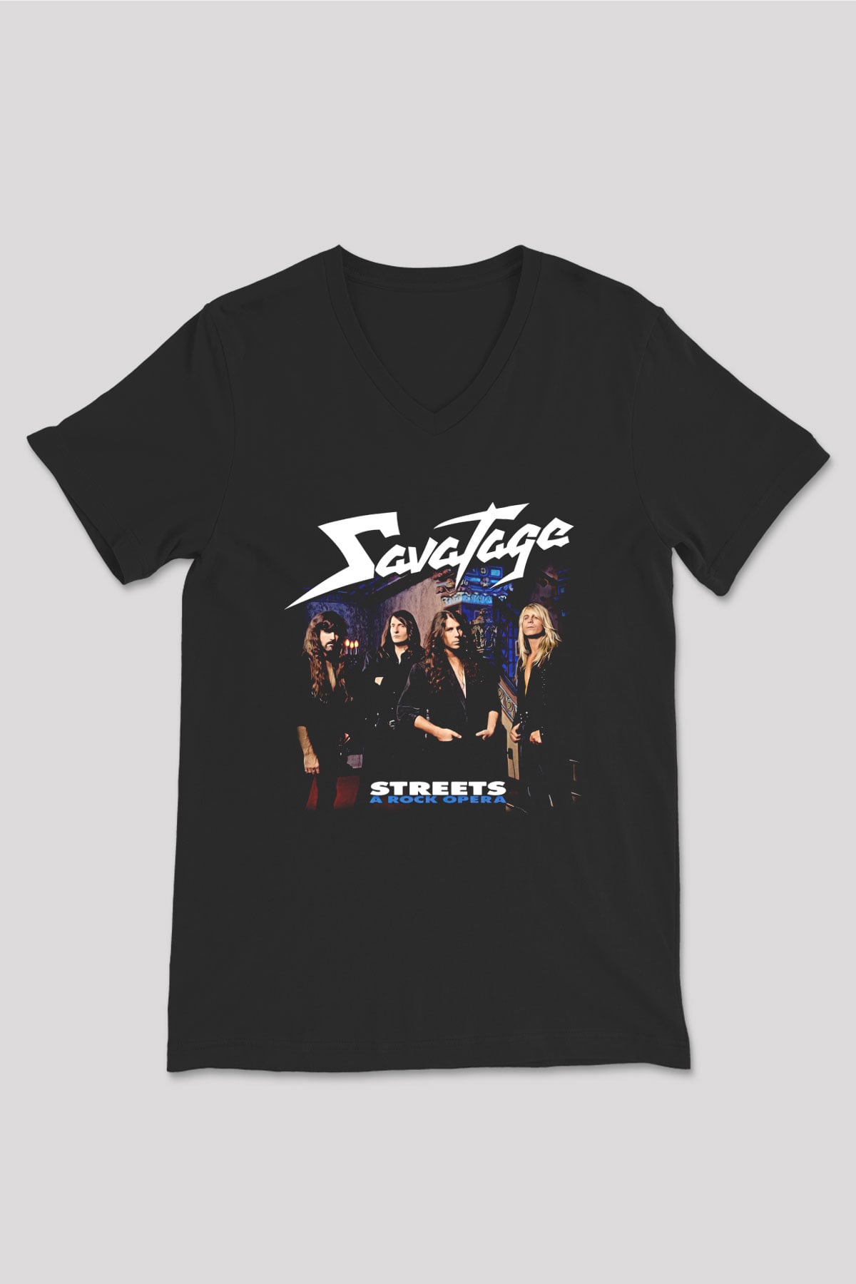 Savatage Baskılı Unisex Siyah V Yaka Tişört - Tshirt