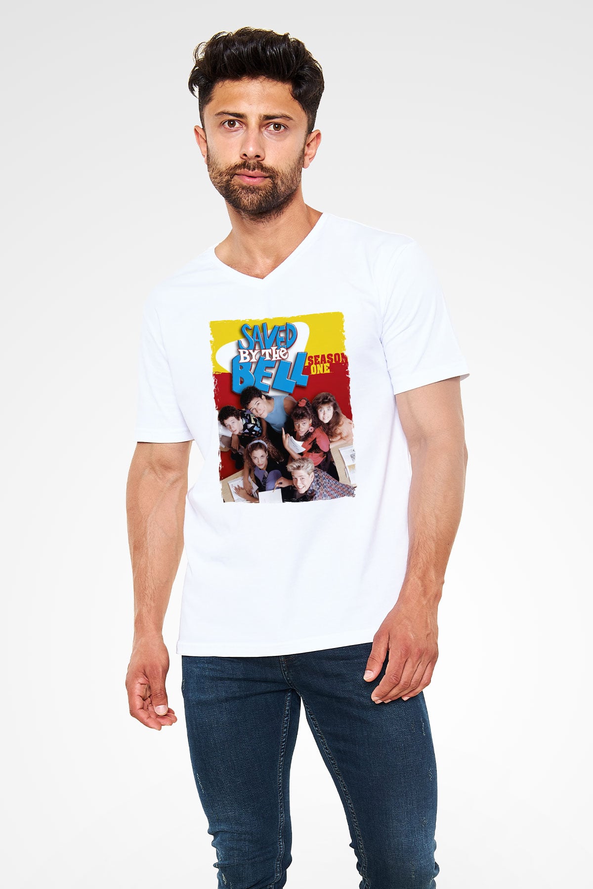 Saved by the Bell Beyaz Unisex V Yaka Tişört