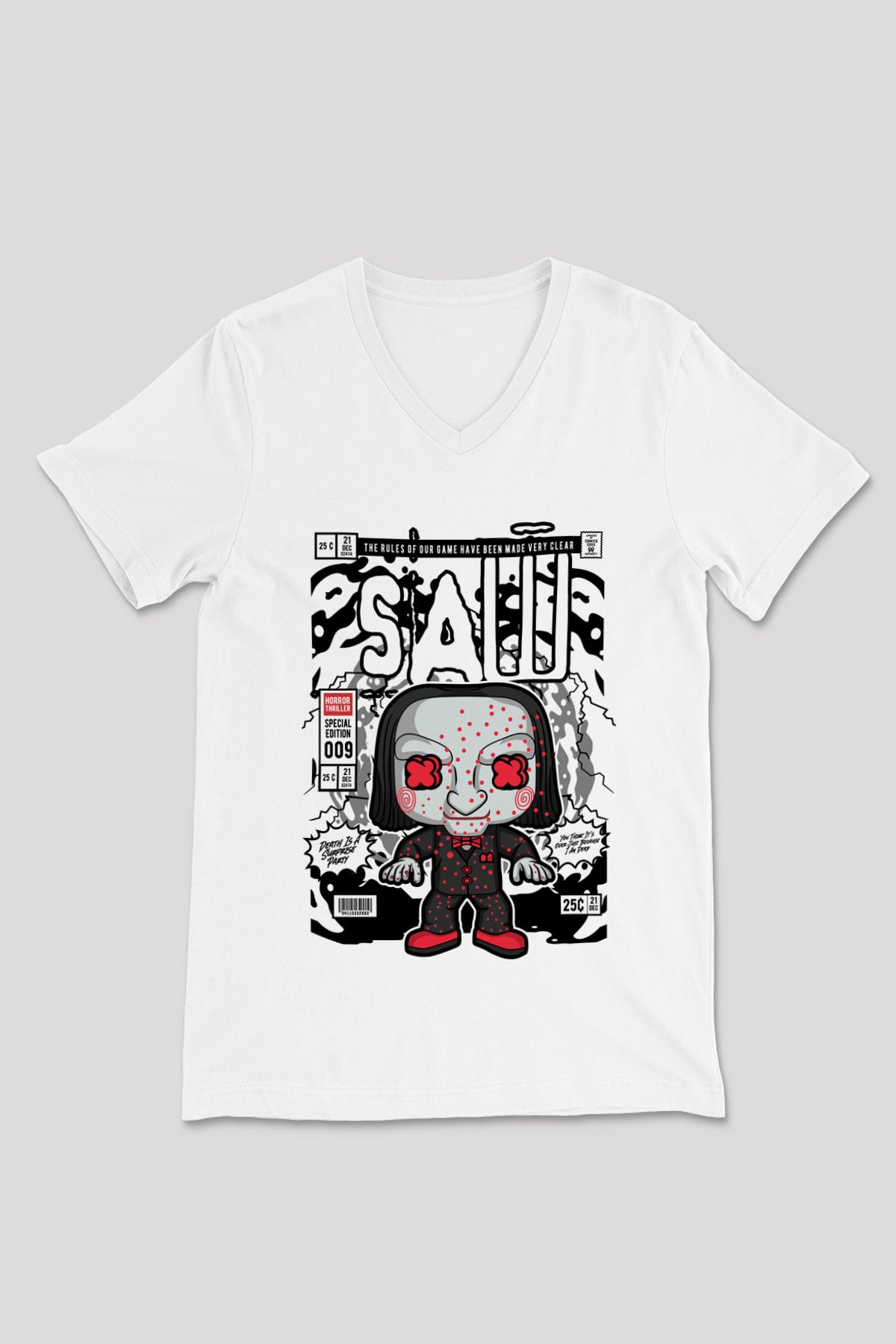 SAW - Billy Baskılı Unisex Beyaz V Yaka Tişört