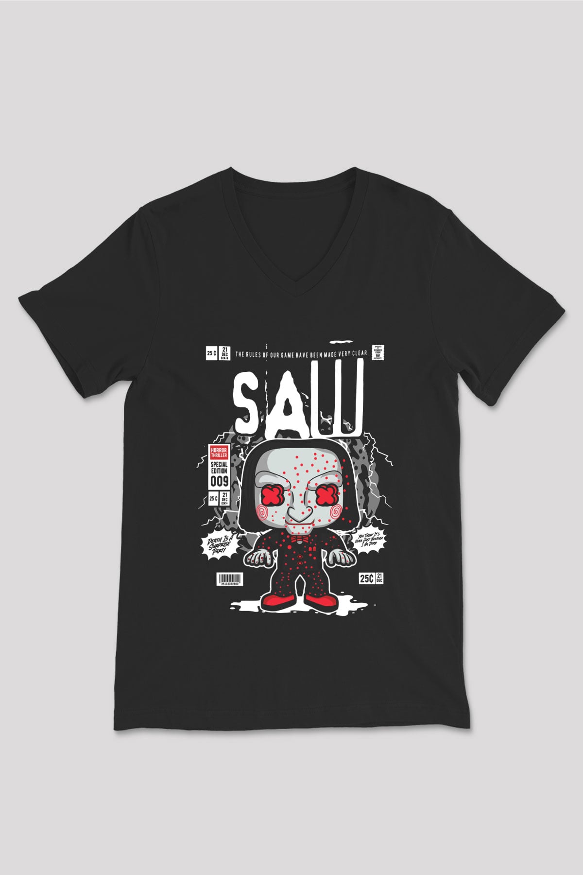 Saw Billy Baskılı Unisex Siyah V Yaka Tişört